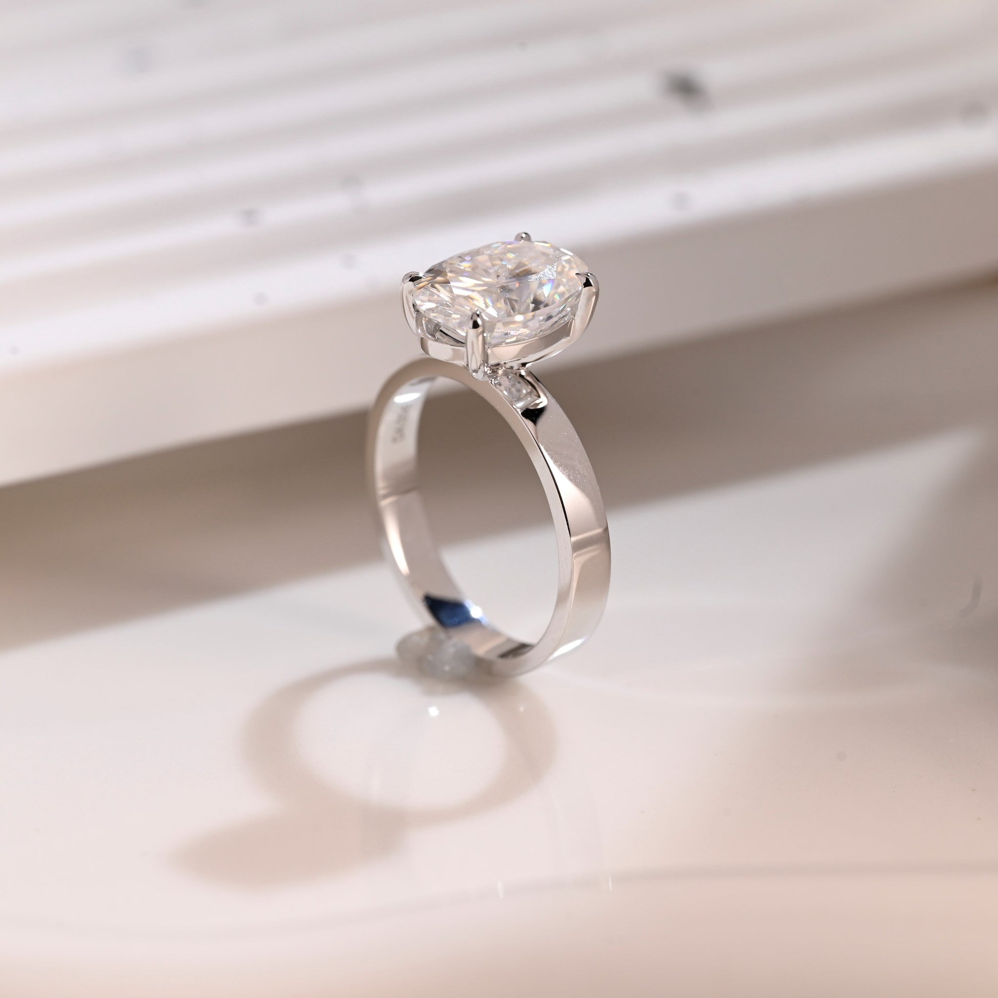 Solid Gold 3mm Width Solitaire Oval Cut Moissanite Engagement Ring