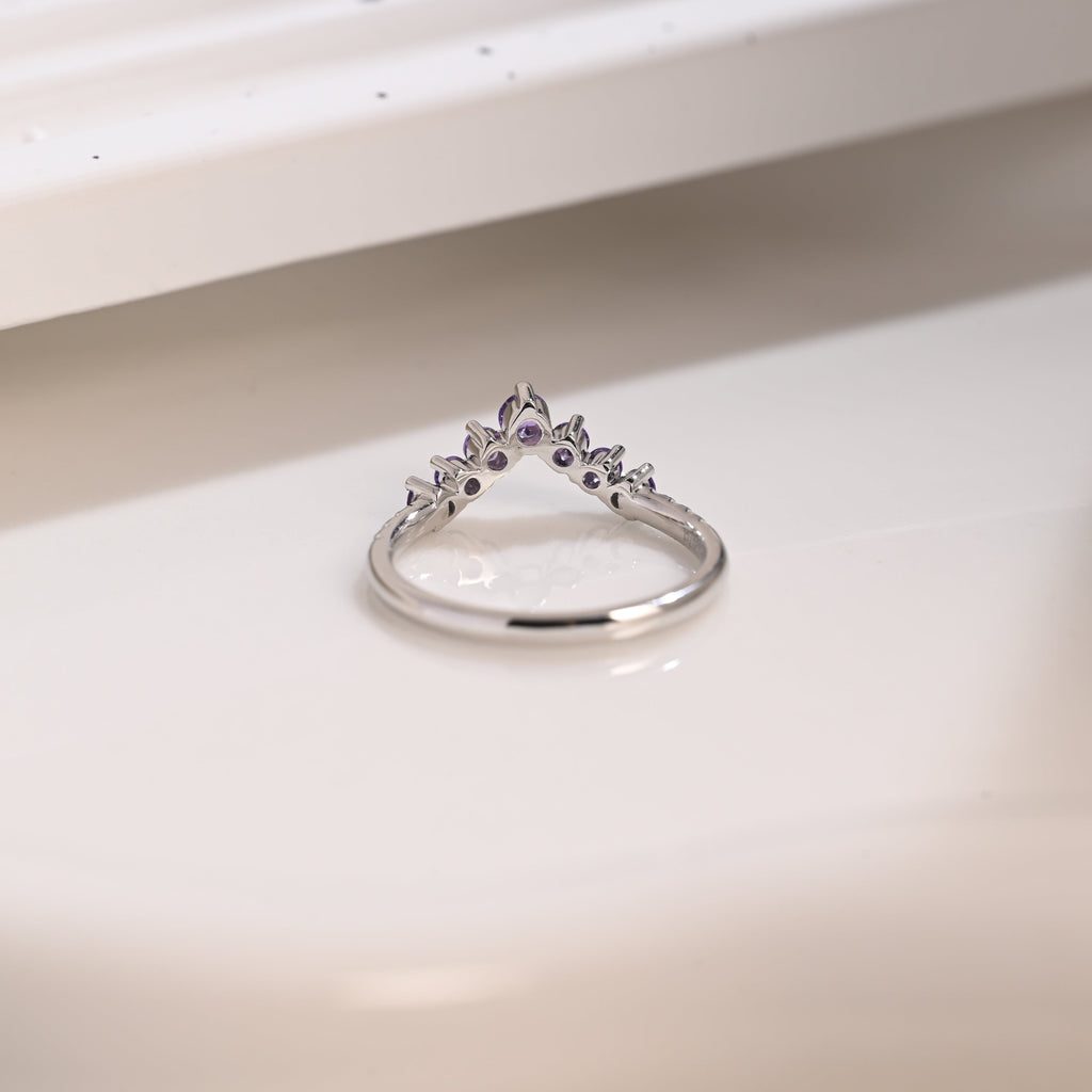 Solid Gold Curved Round Cut Amethyst & Moissanite Wedding Band