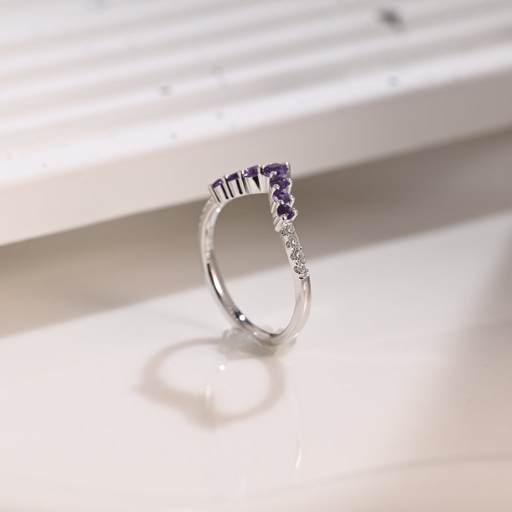 Solid Gold Curved Round Cut Amethyst & Moissanite Wedding Band