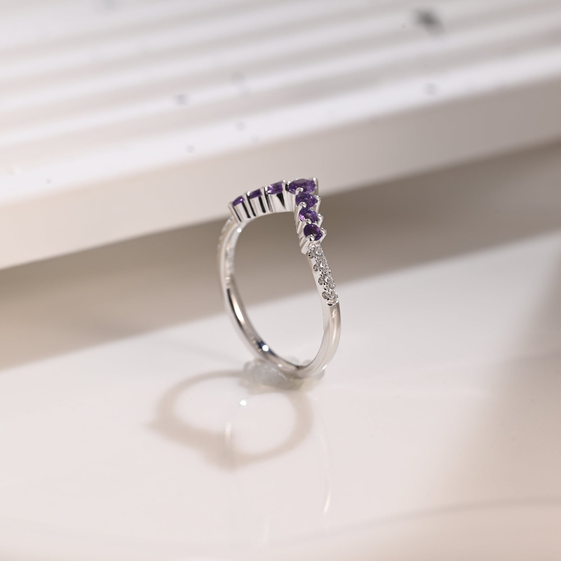 Solid Gold Curved Round Cut Amethyst & Moissanite Wedding Band