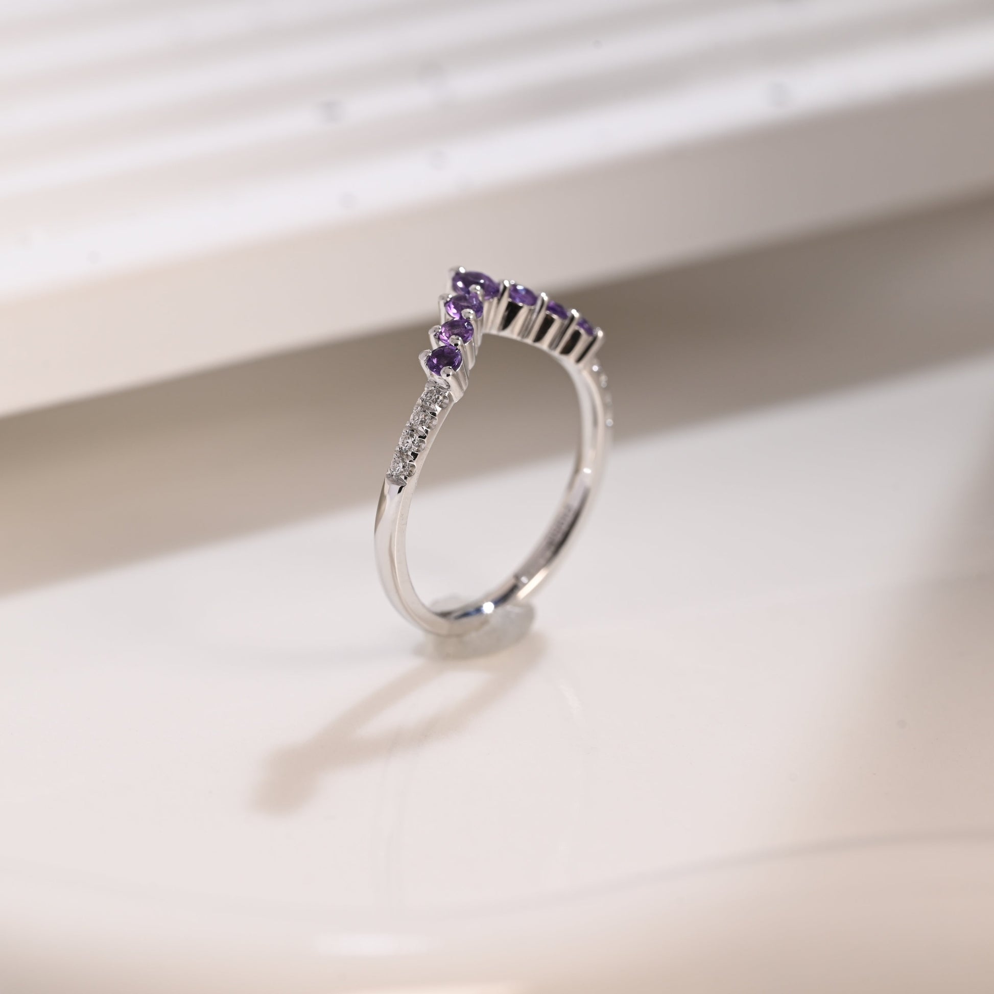 Solid Gold Curved Round Cut Amethyst & Moissanite Wedding Band