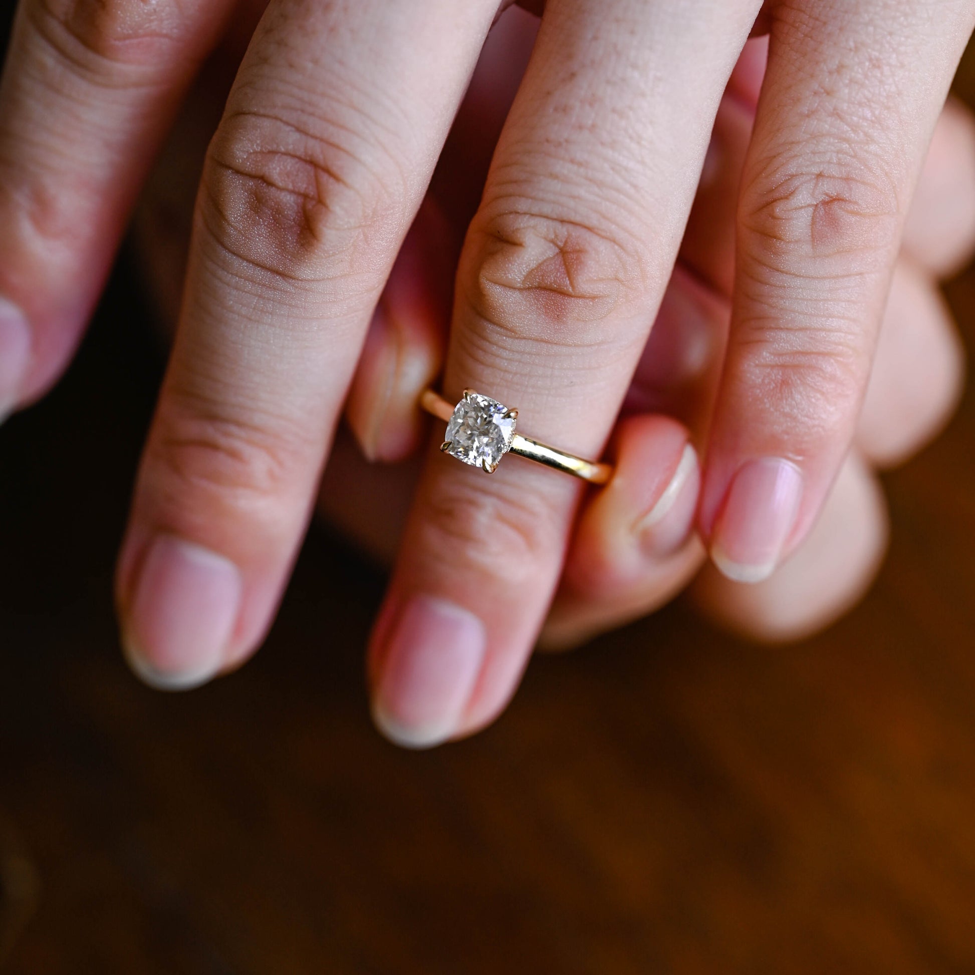 Solid Gold Hidden Halo Elongated Cushion Cut Moissanite Engagement Ring