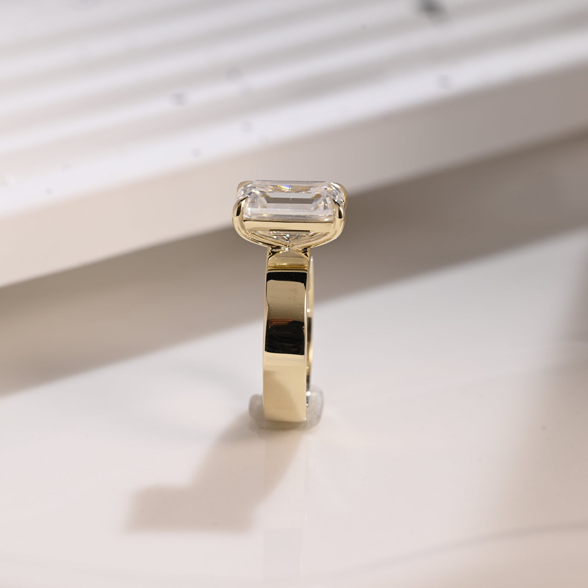Solid Gold 4mm Width Solitaire Emerald Cut Moissanite Engagement Ring