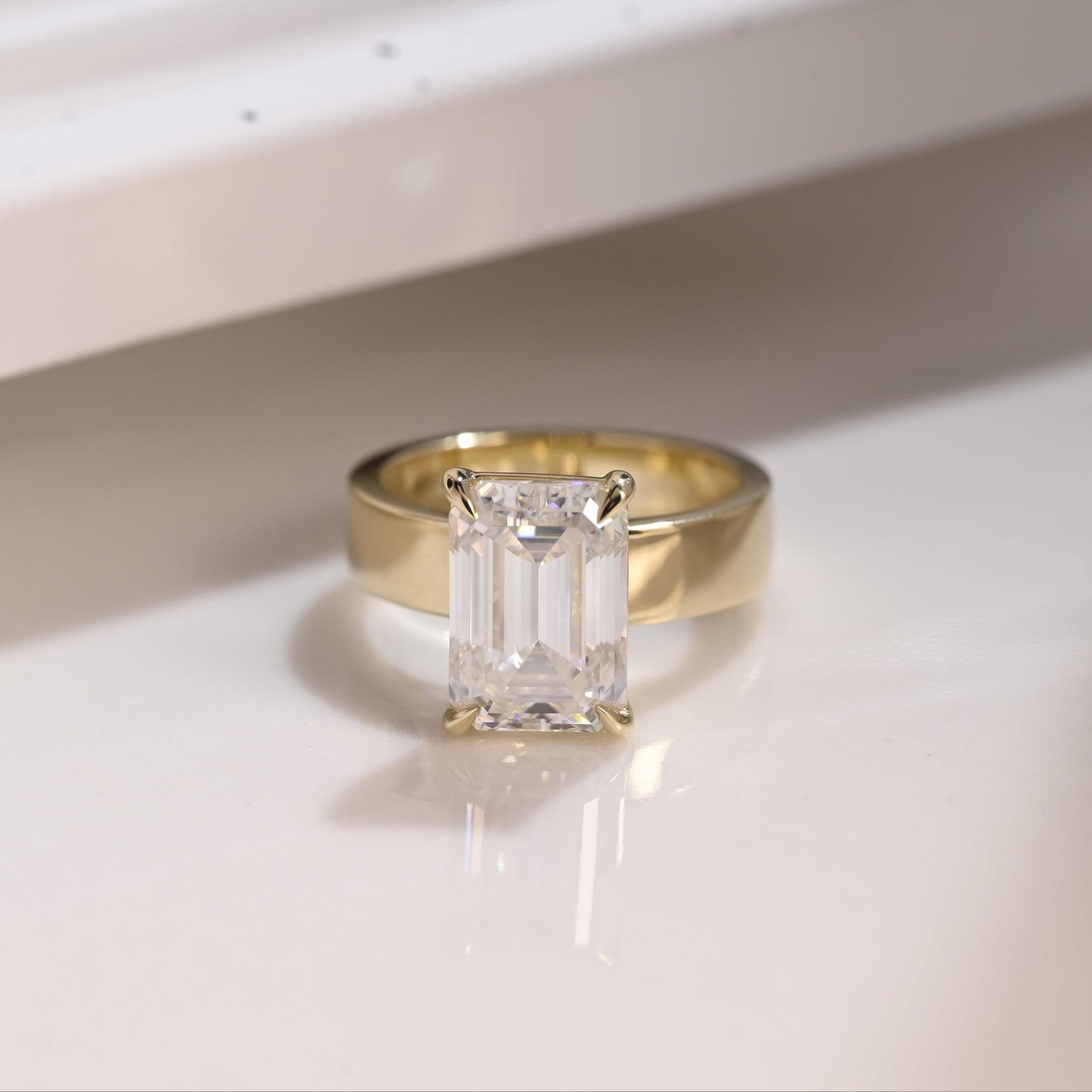 Solid Gold 4mm Width Solitaire Emerald Cut Moissanite Engagement Ring