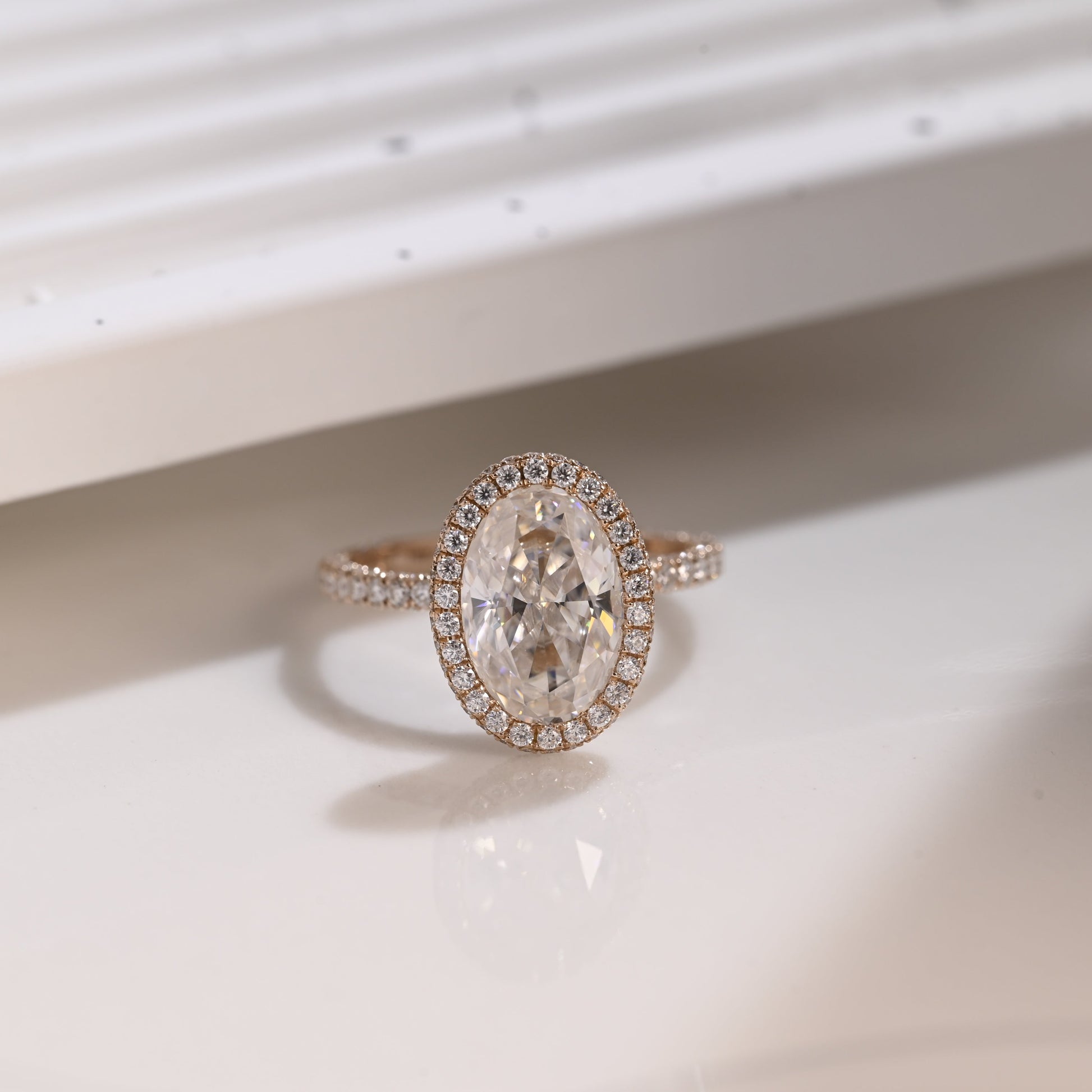 Solid Gold Hidden Halo Oval Cut Moissanite Engagement Ring Three Rows Pave