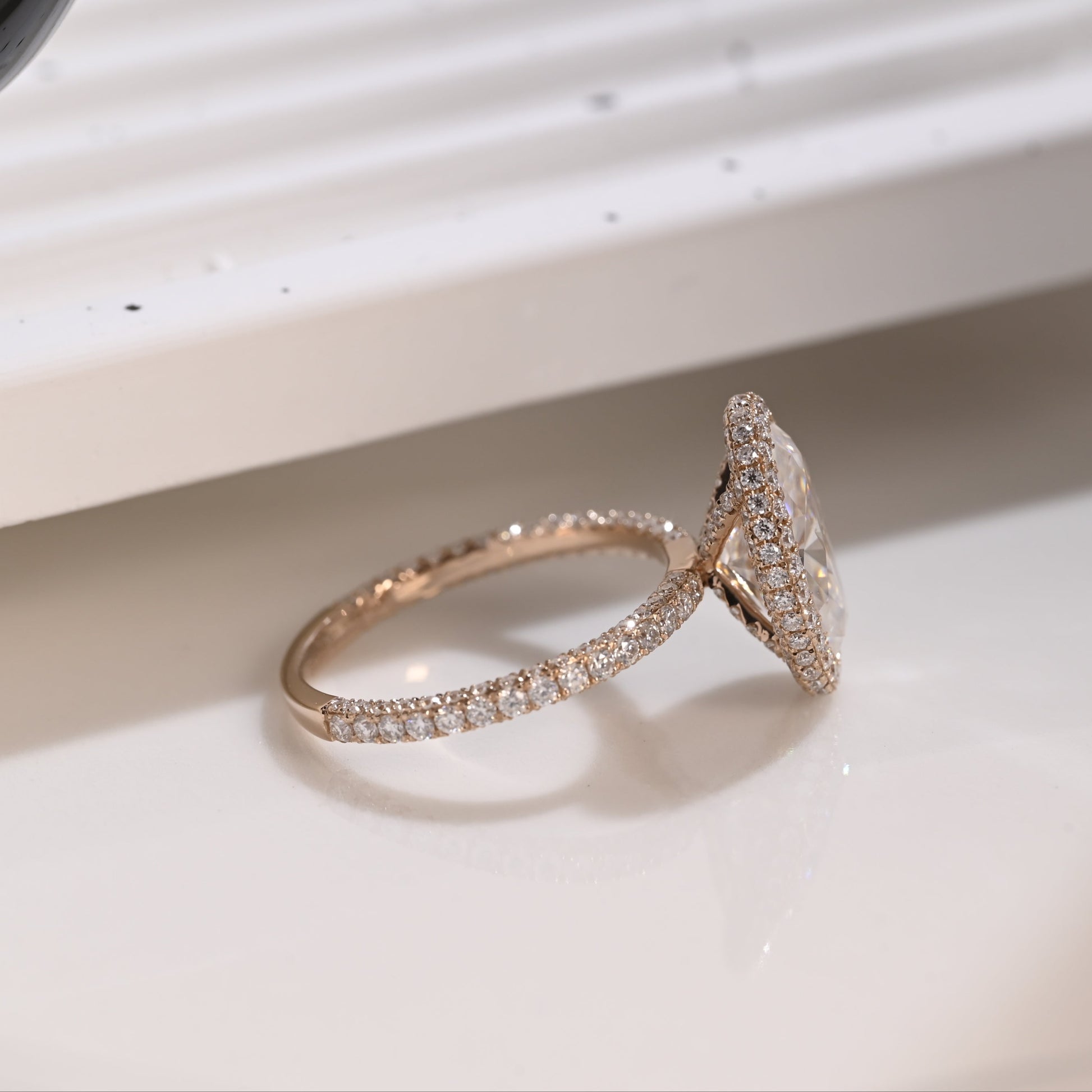 Solid Gold Hidden Halo Oval Cut Moissanite Engagement Ring Three Rows Pave