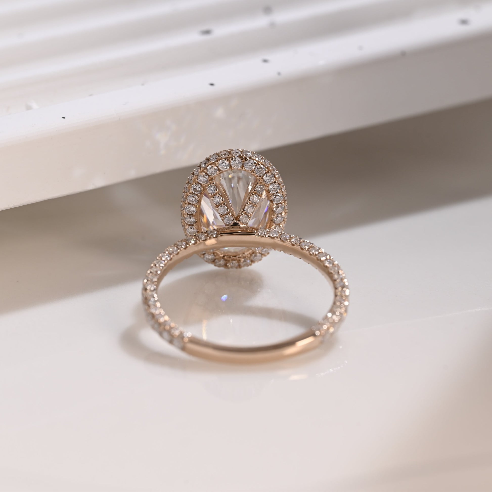 Solid Gold Hidden Halo Oval Cut Moissanite Engagement Ring Three Rows Pave