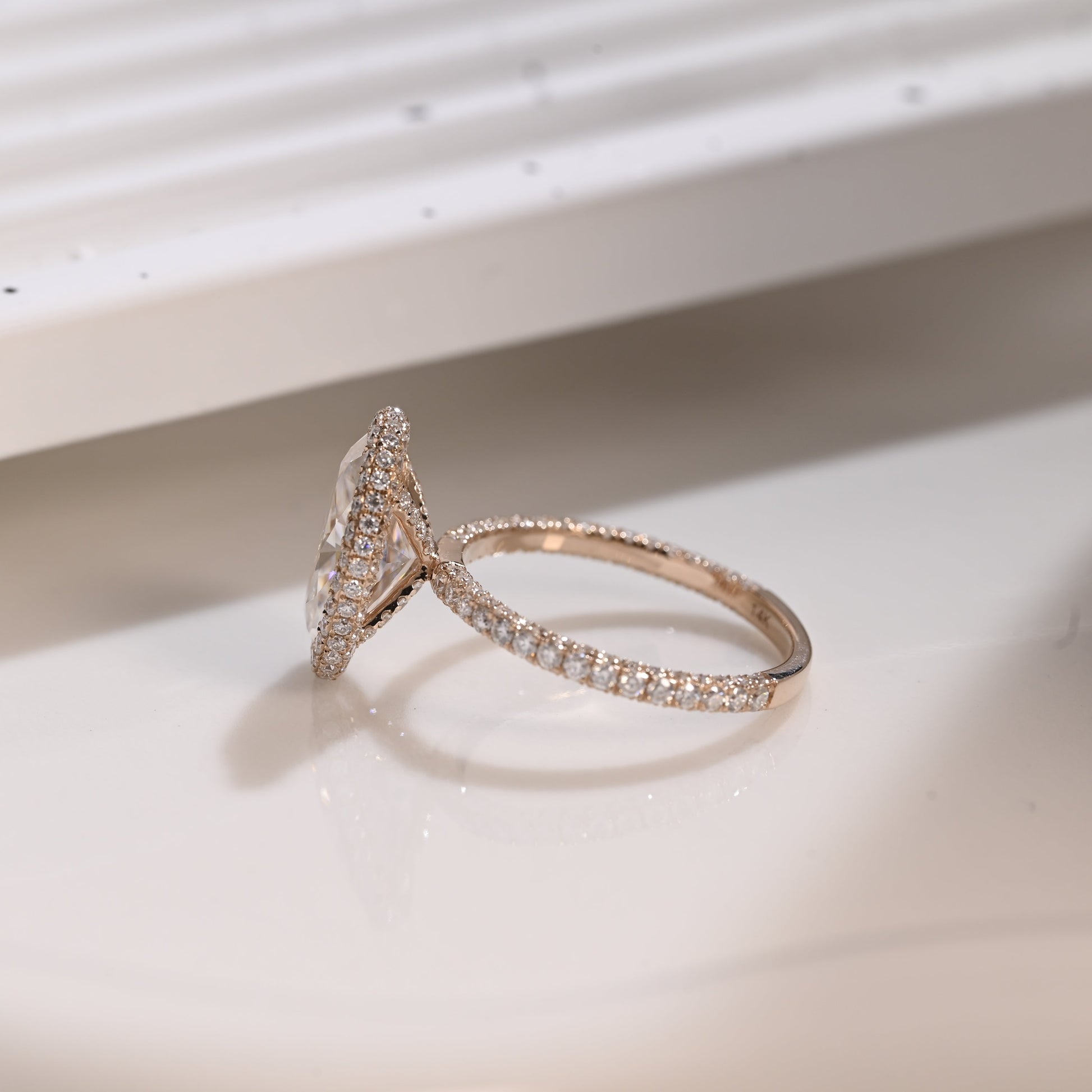 Solid Gold Hidden Halo Oval Cut Moissanite Engagement Ring Three Rows Pave