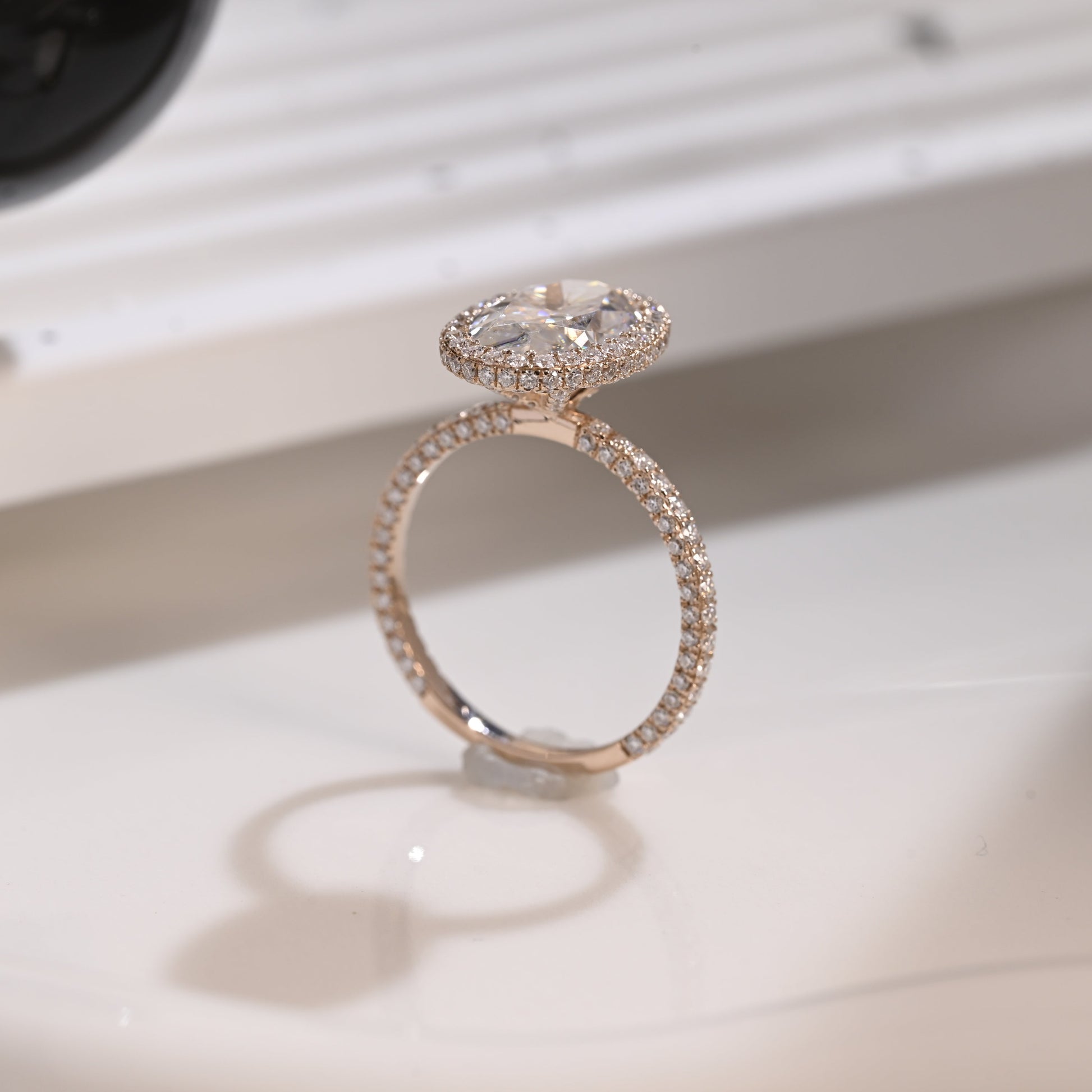 Solid Gold Hidden Halo Oval Cut Moissanite Engagement Ring Three Rows Pave