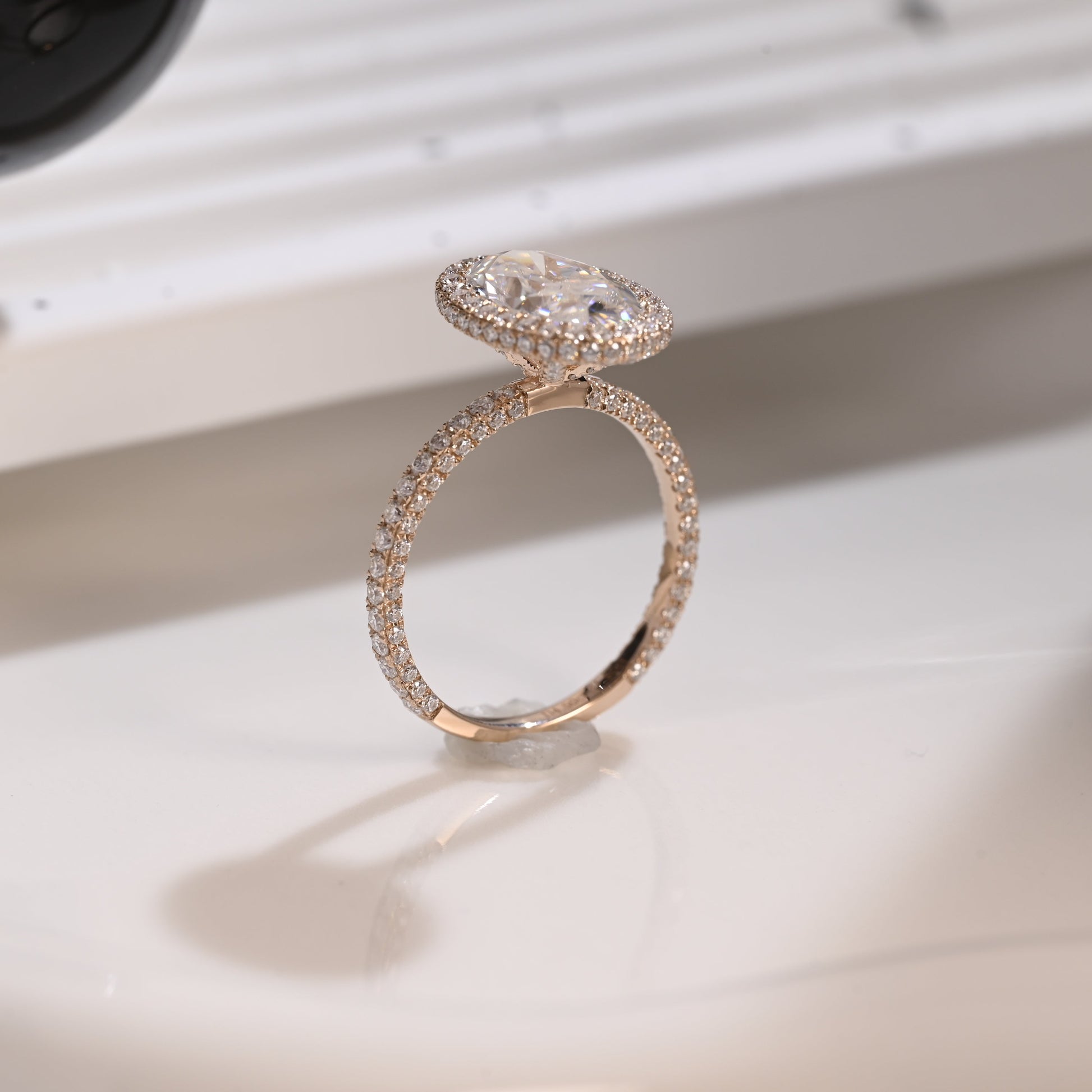 Solid Gold Hidden Halo Oval Cut Moissanite Engagement Ring Three Rows Pave