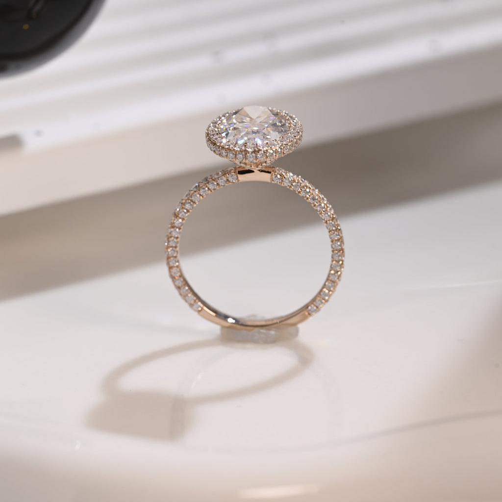 Solid Gold Hidden Halo Oval Cut Moissanite Engagement Ring Three Rows Pave