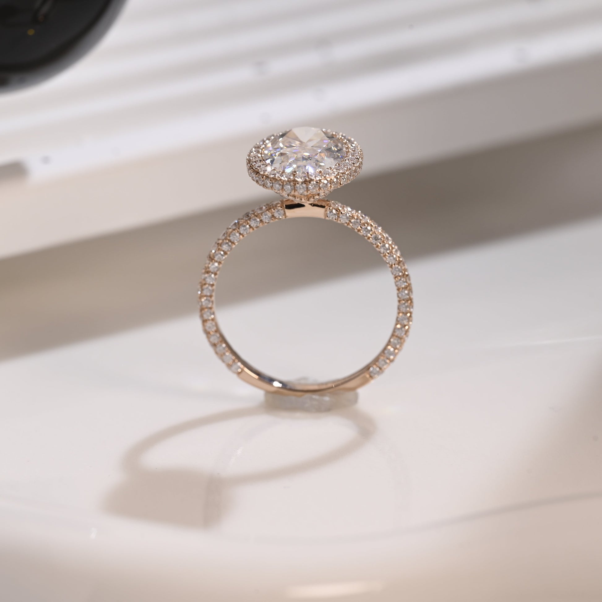 Solid Gold Hidden Halo Oval Cut Moissanite Engagement Ring Three Rows Pave