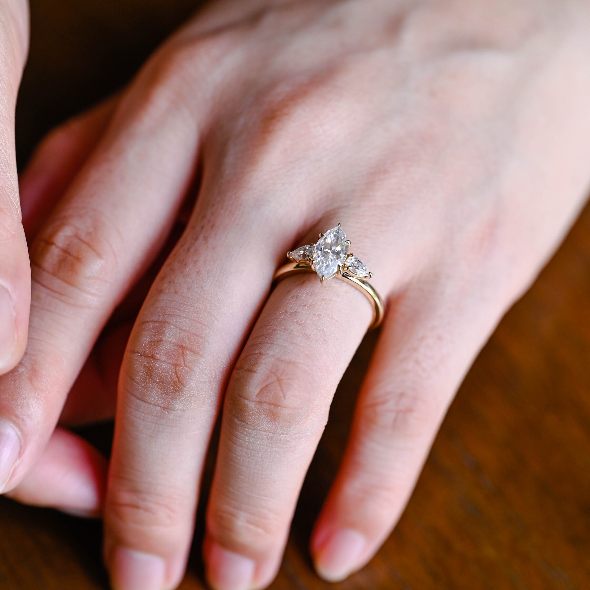 Solid Gold Three Stone Marquise Cut Moissanite Engagement Ring