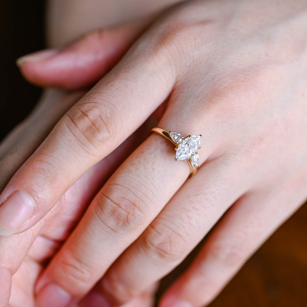 Solid Gold Three Stone Marquise Cut Moissanite Engagement Ring