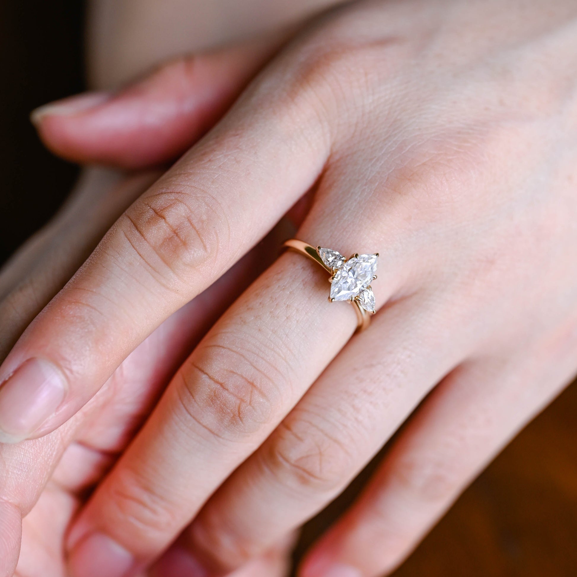 Solid Gold Three Stone Marquise Cut Moissanite Engagement Ring