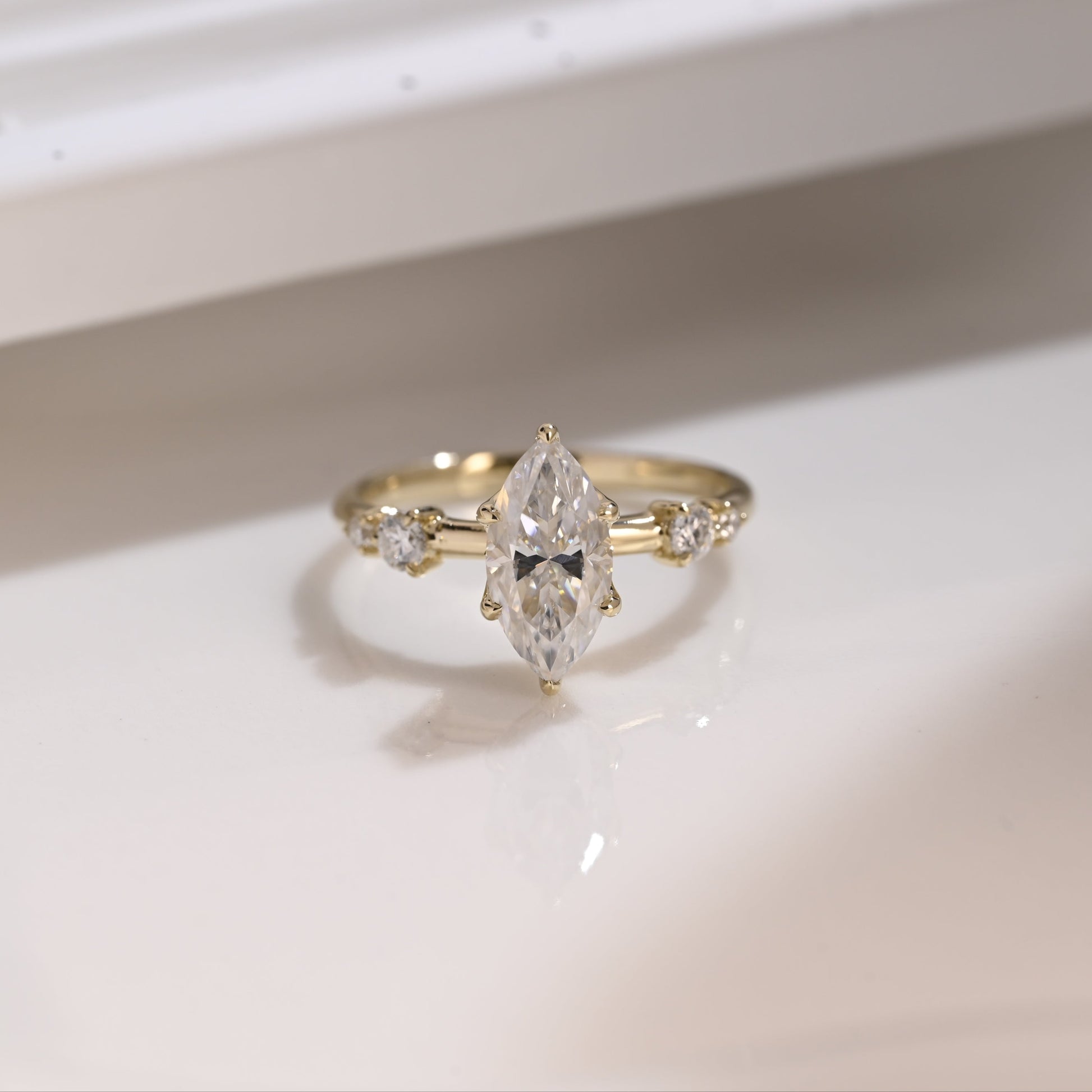 Solid Gold Hidden Halo Marquise Cut Moissanite Engagement Ring