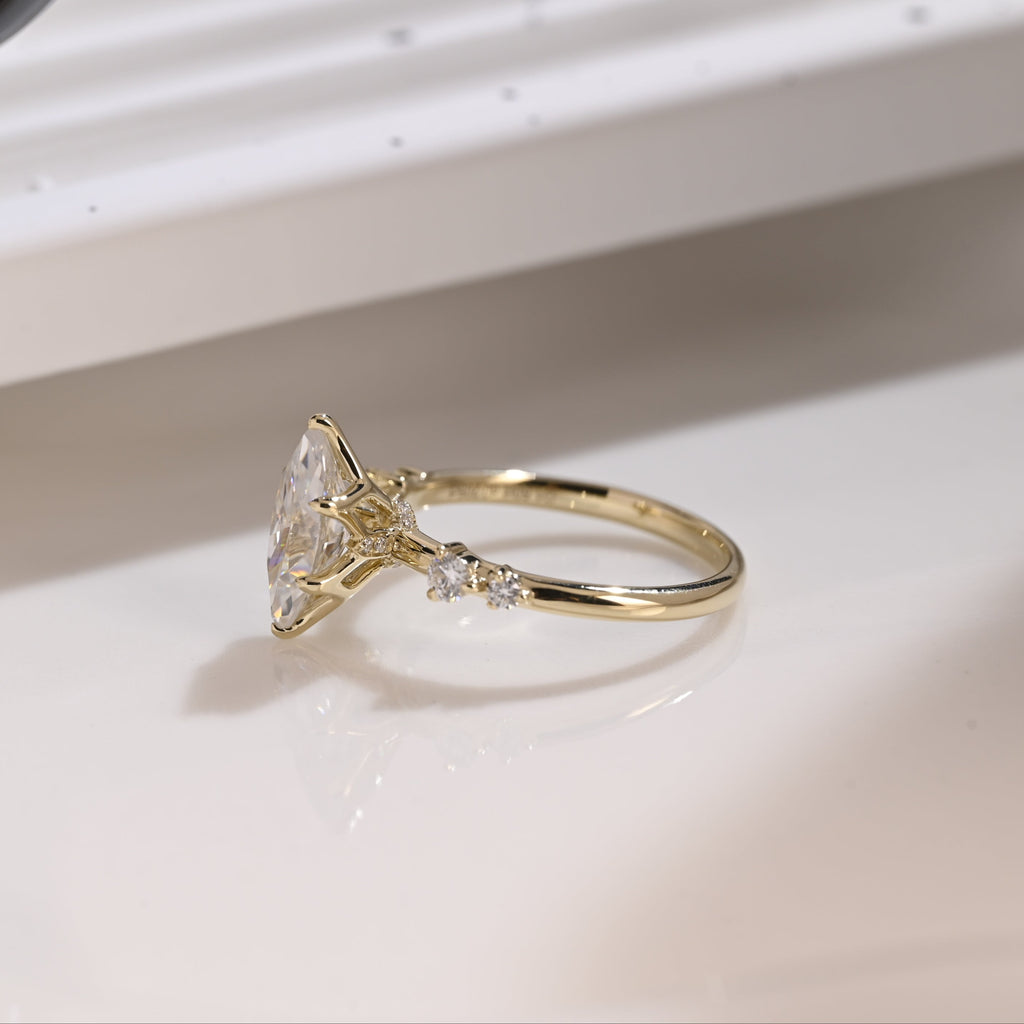 Solid Gold Hidden Halo Marquise Cut Moissanite Engagement Ring