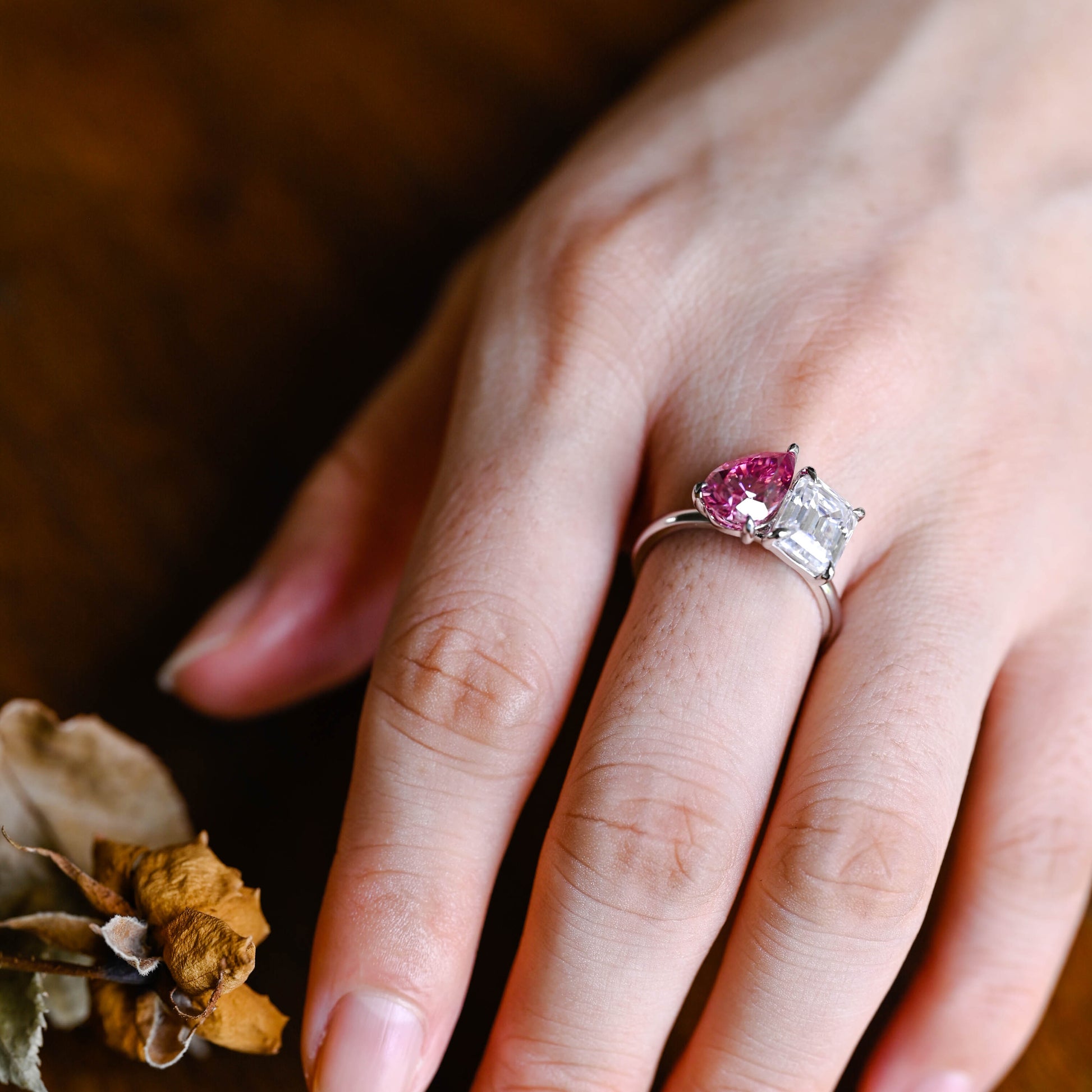 Solid Gold Toi et Moi Emerald Cut Moissanite & Pear Cut Pink Moissanite Engagement Ring