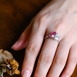 Solid Gold Toi et Moi Emerald Cut Moissanite & Pear Cut Pink Moissanite Engagement Ring