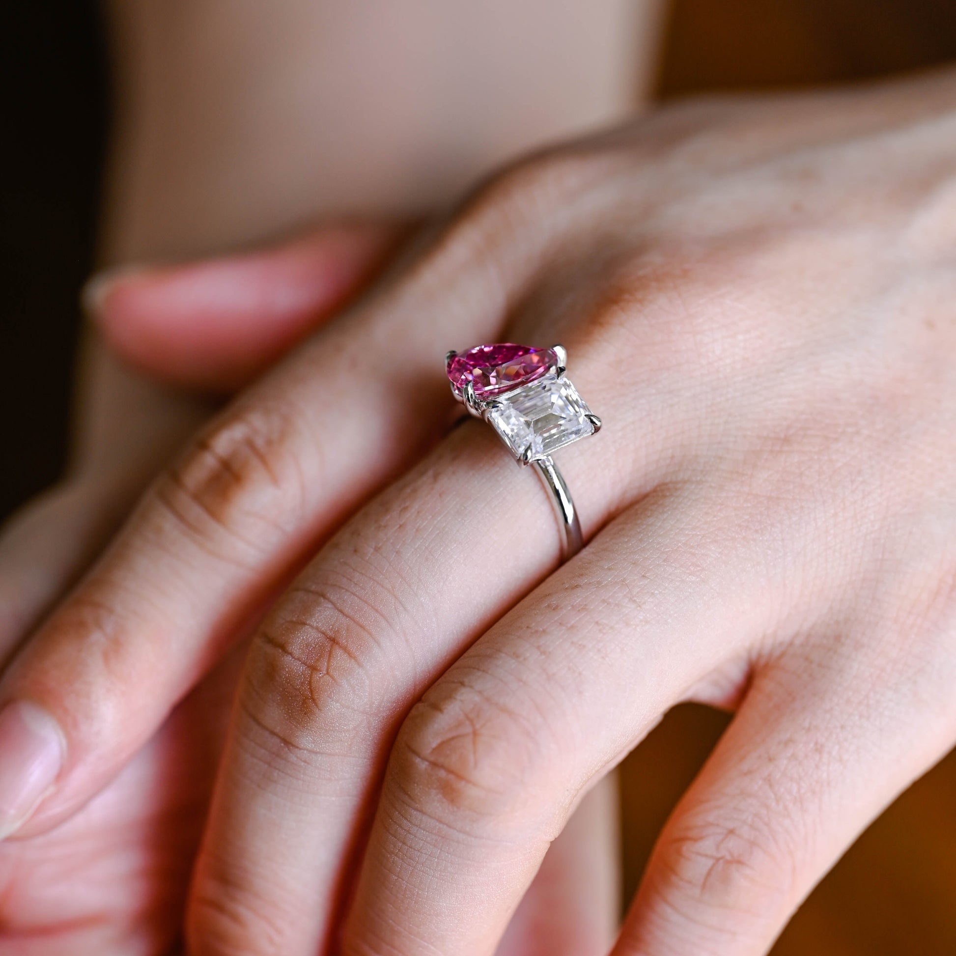 Solid Gold Toi et Moi Emerald Cut Moissanite & Pear Cut Pink Moissanite Engagement Ring