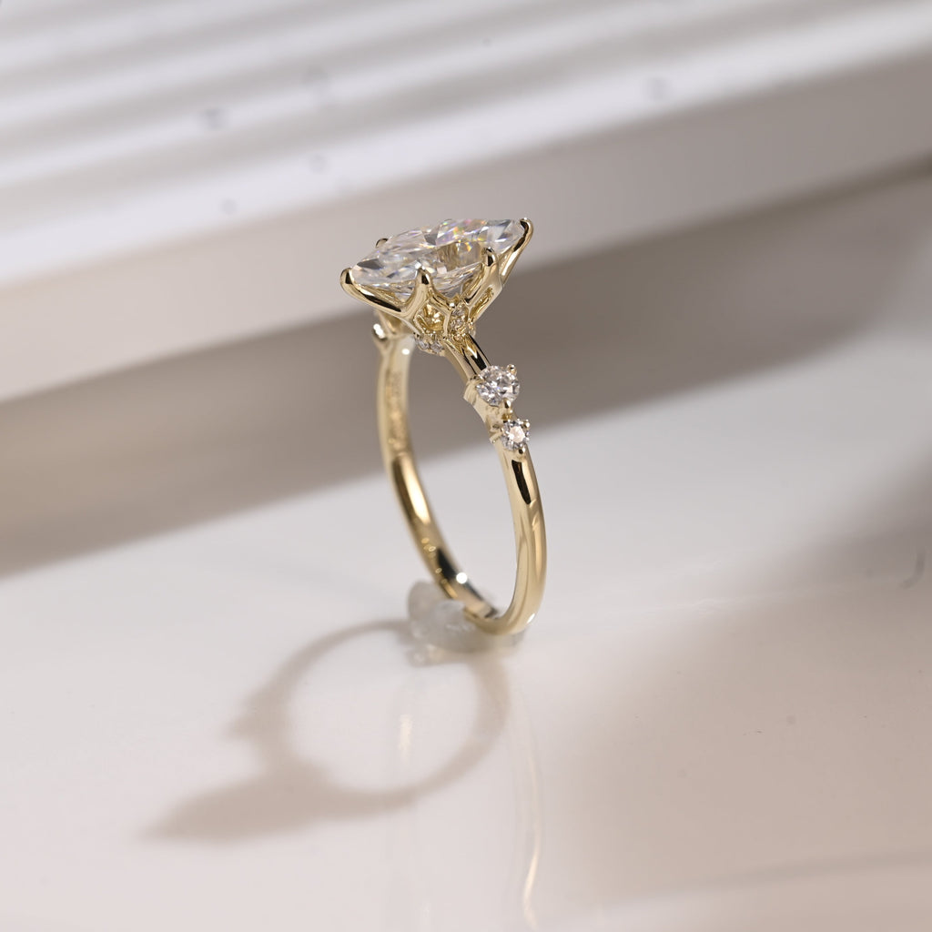 Solid Gold Hidden Halo Marquise Cut Moissanite Engagement Ring