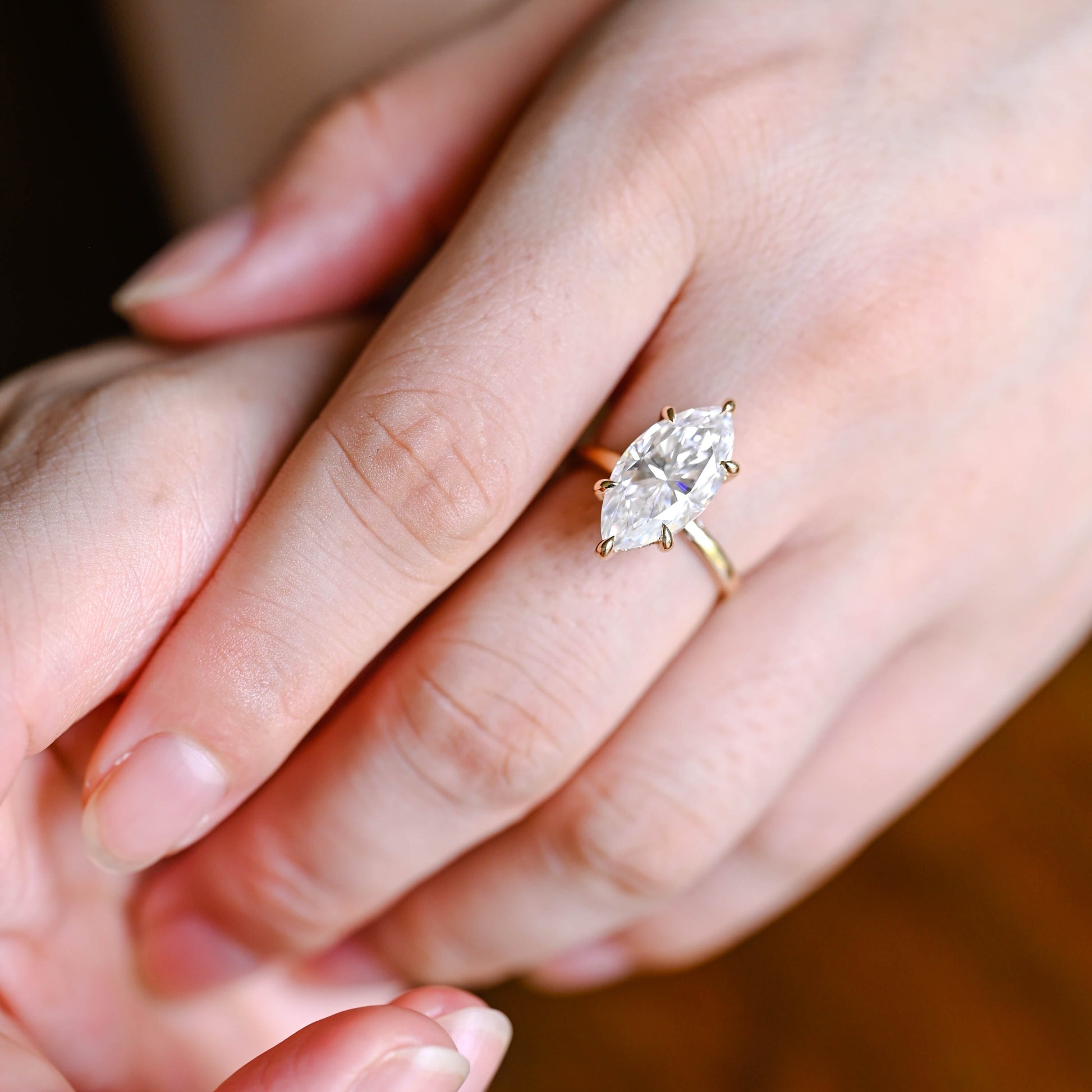 Solid Gold Hidden Halo Marquise Cut Moissanite Engagement Ring