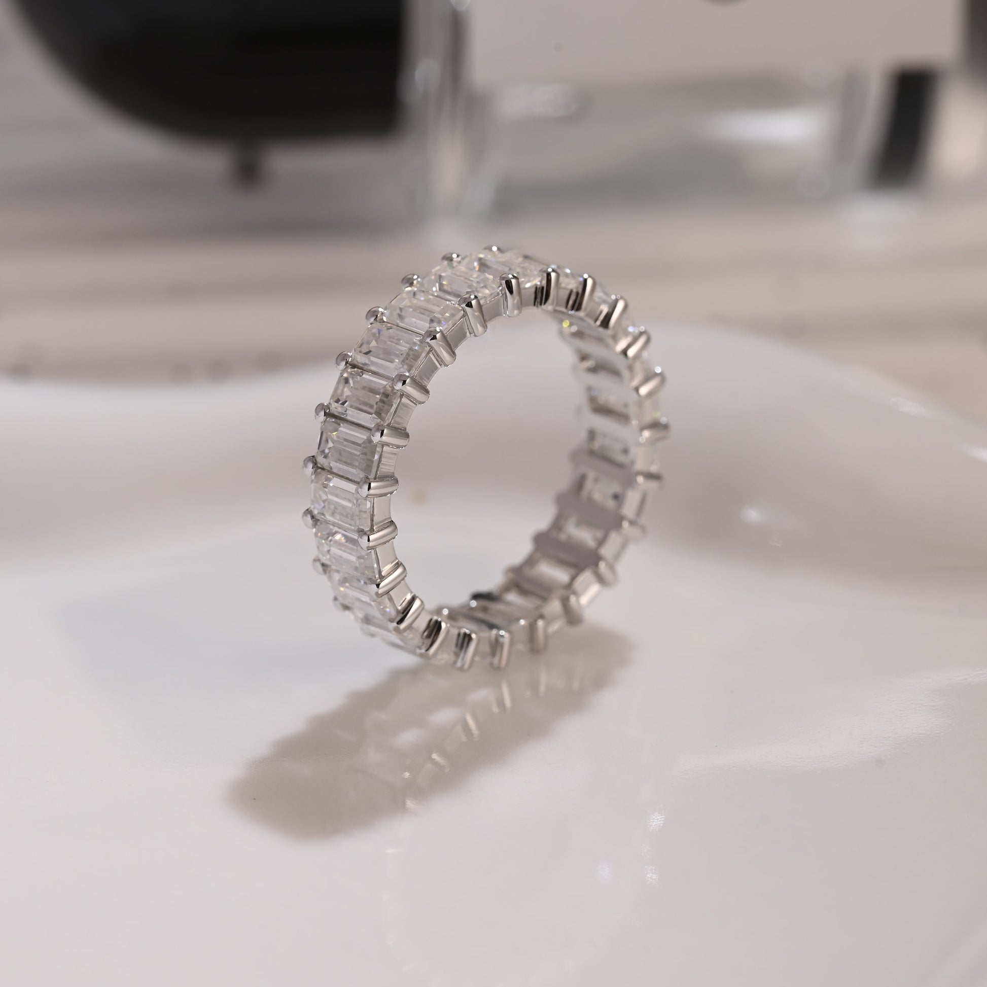 Solid Gold Full Eternity Emerald Cut Moissanite Wedding Band