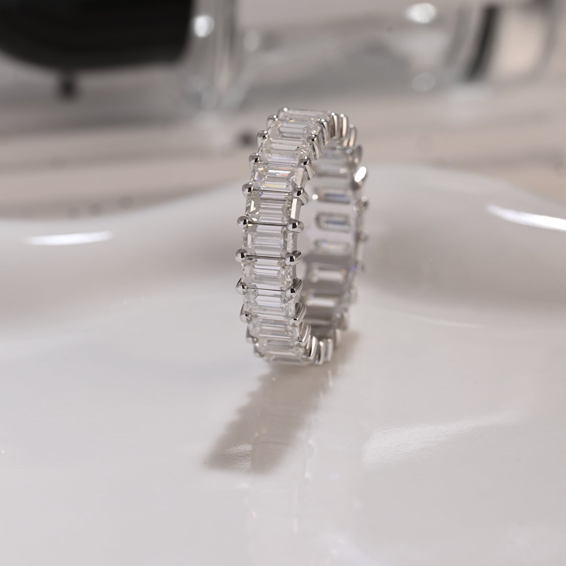 Solid Gold Full Eternity Emerald Cut Moissanite Wedding Band