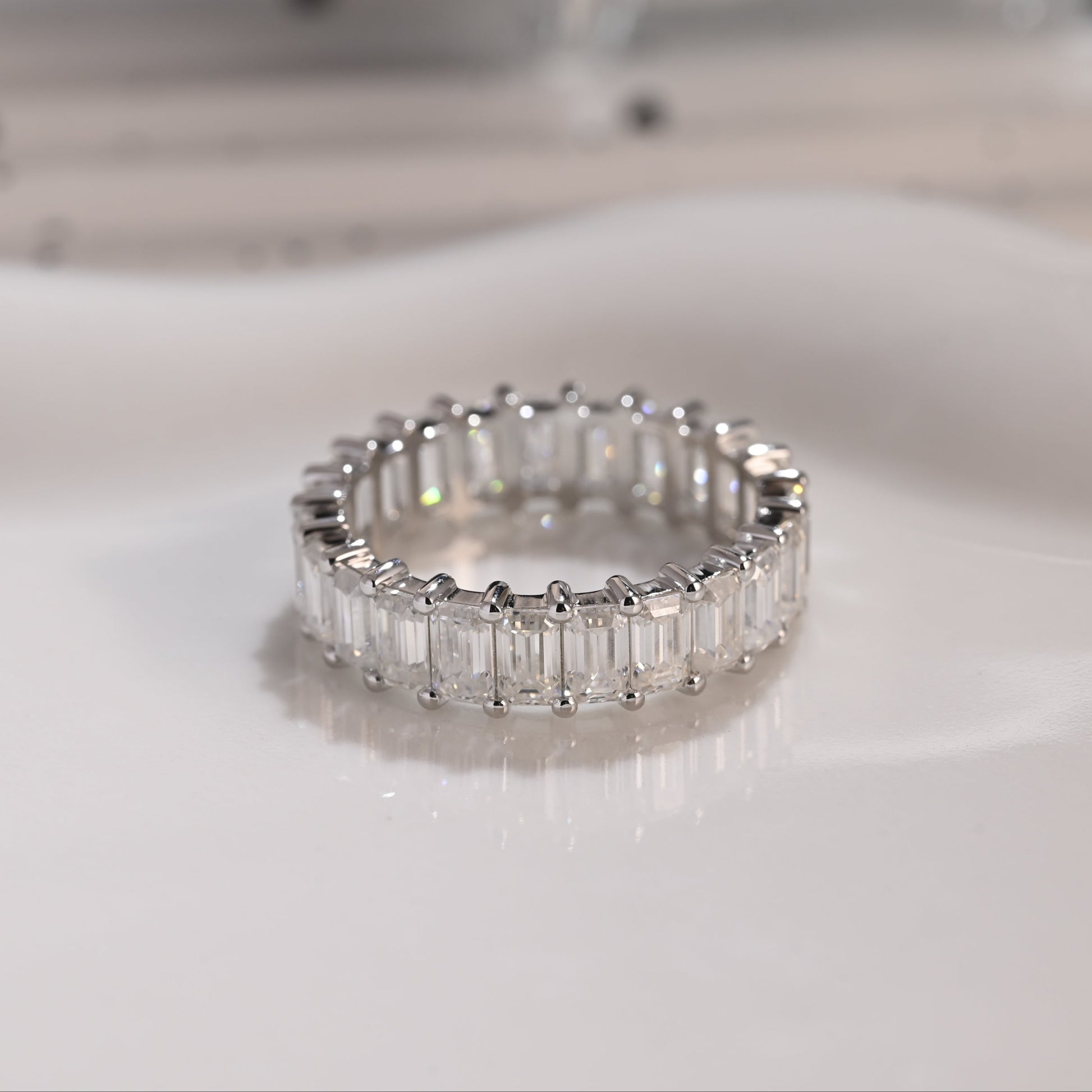 Solid Gold Full Eternity Emerald Cut Moissanite Wedding Band