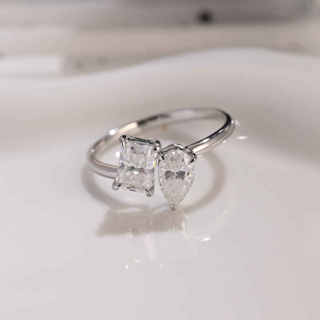 Solid Gold Toi et Moi Radiant & Pear Cut Moissanite Engagement Ring