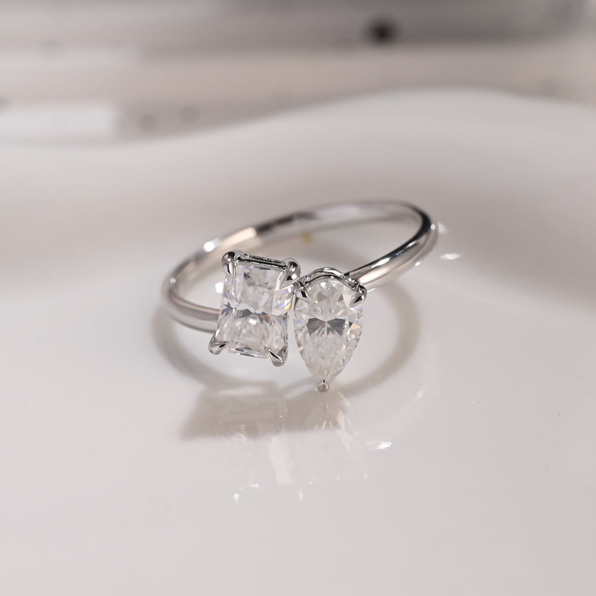 Solid Gold Toi et Moi Radiant & Pear Cut Moissanite Engagement Ring