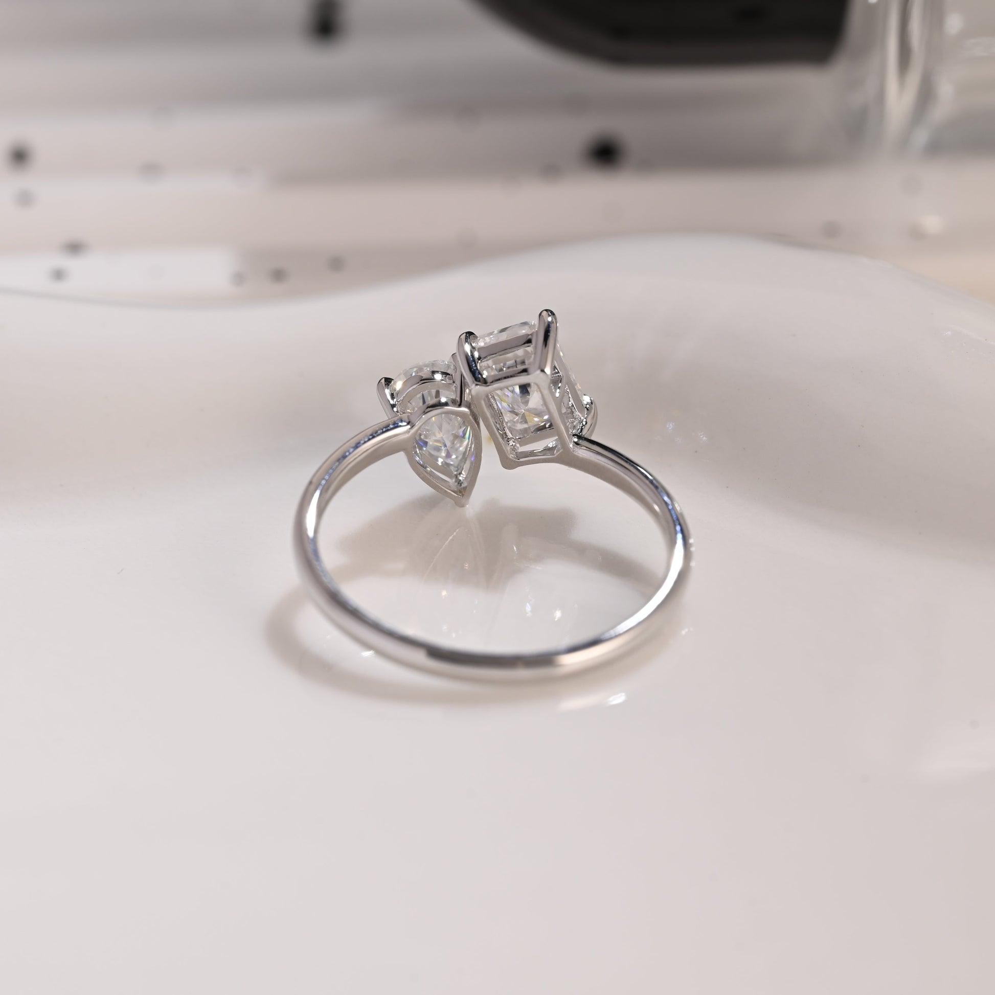 Solid Gold Toi et Moi Radiant & Pear Cut Moissanite Engagement Ring