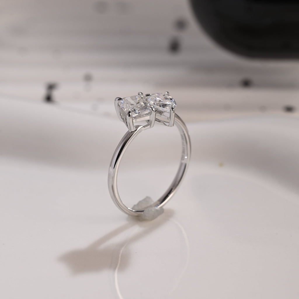 Solid Gold Toi et Moi Radiant & Pear Cut Moissanite Engagement Ring