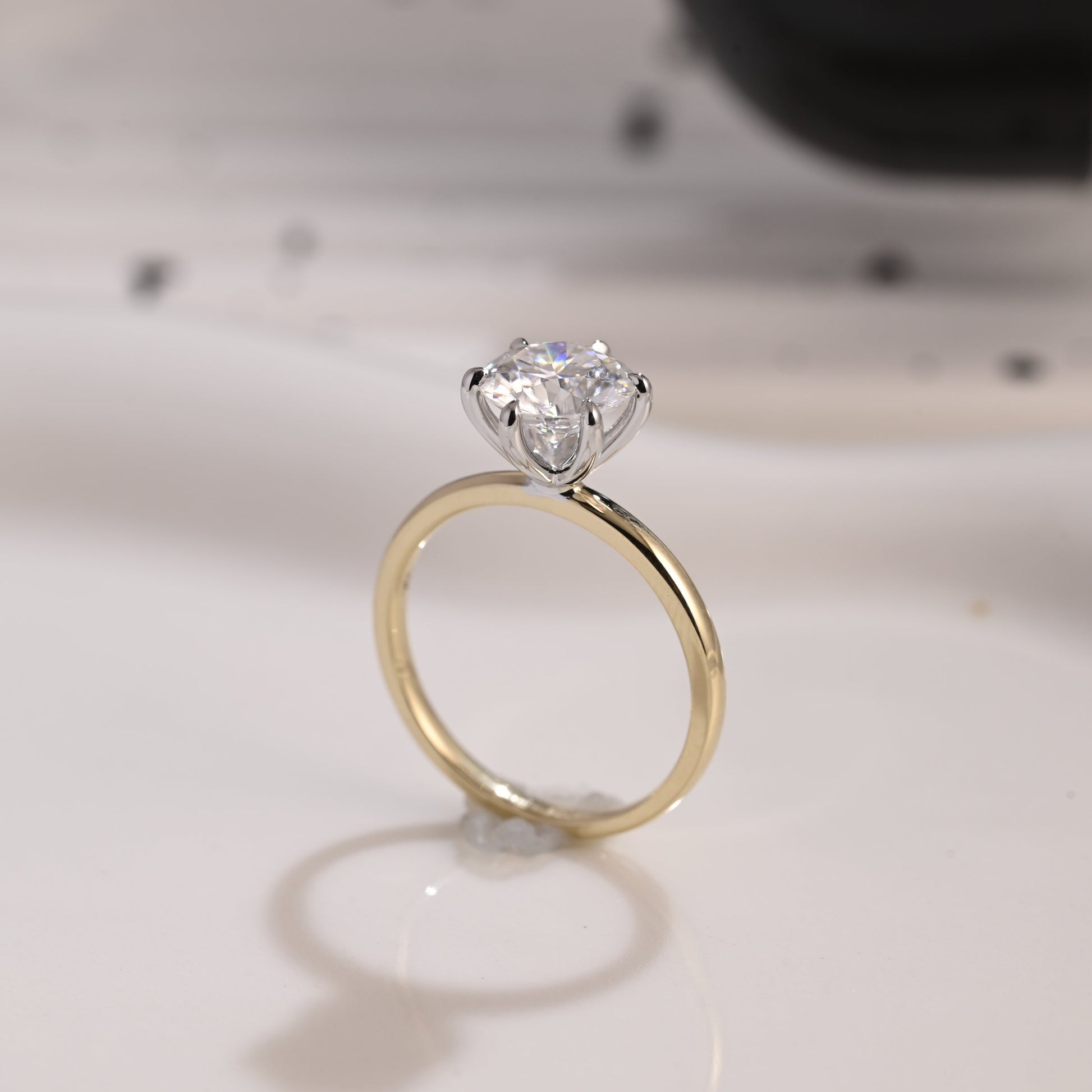 Solid Gold Two Tone Solitaire Round Cut Moissanite Engagement Ring