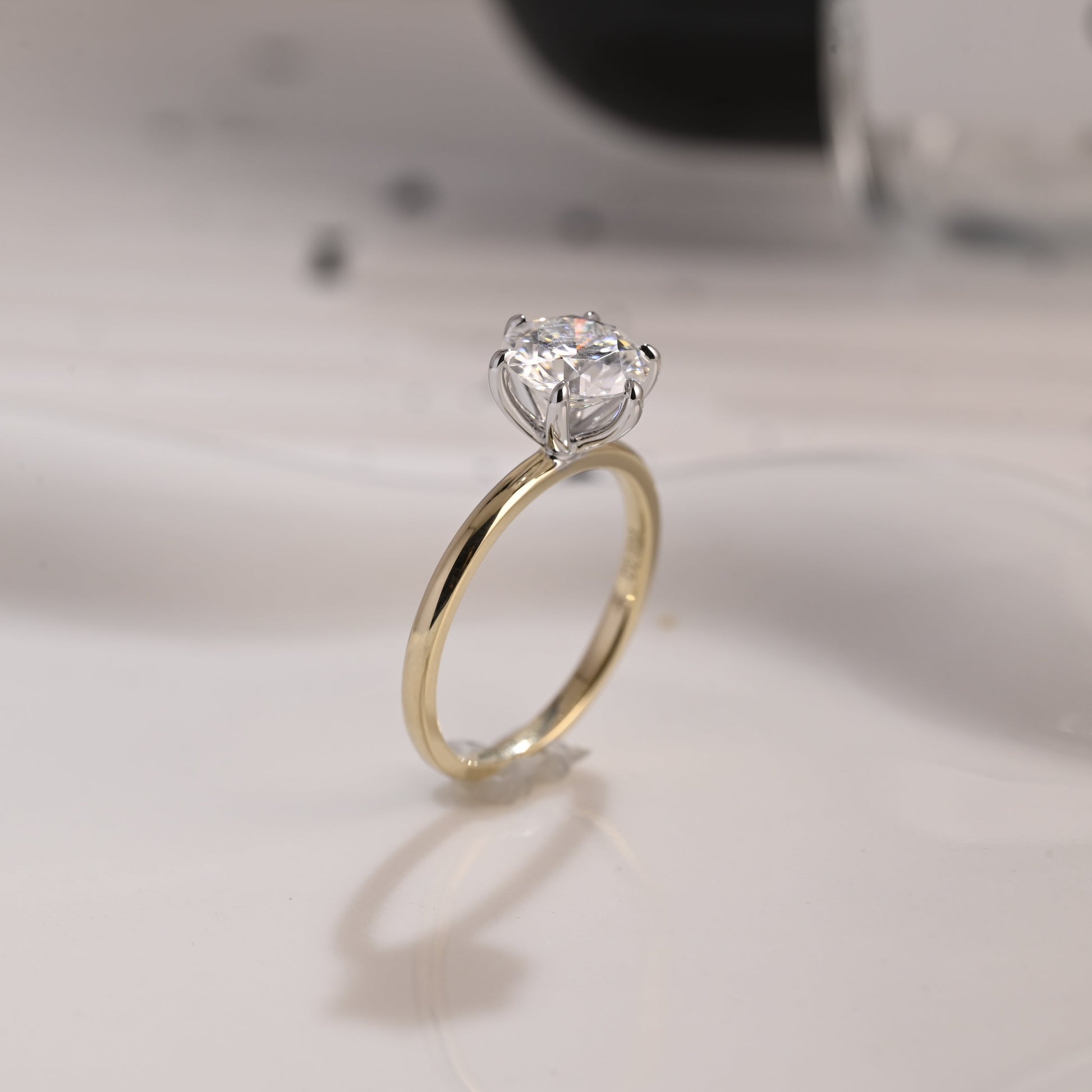 Solid Gold Two Tone Solitaire Round Cut Moissanite Engagement Ring