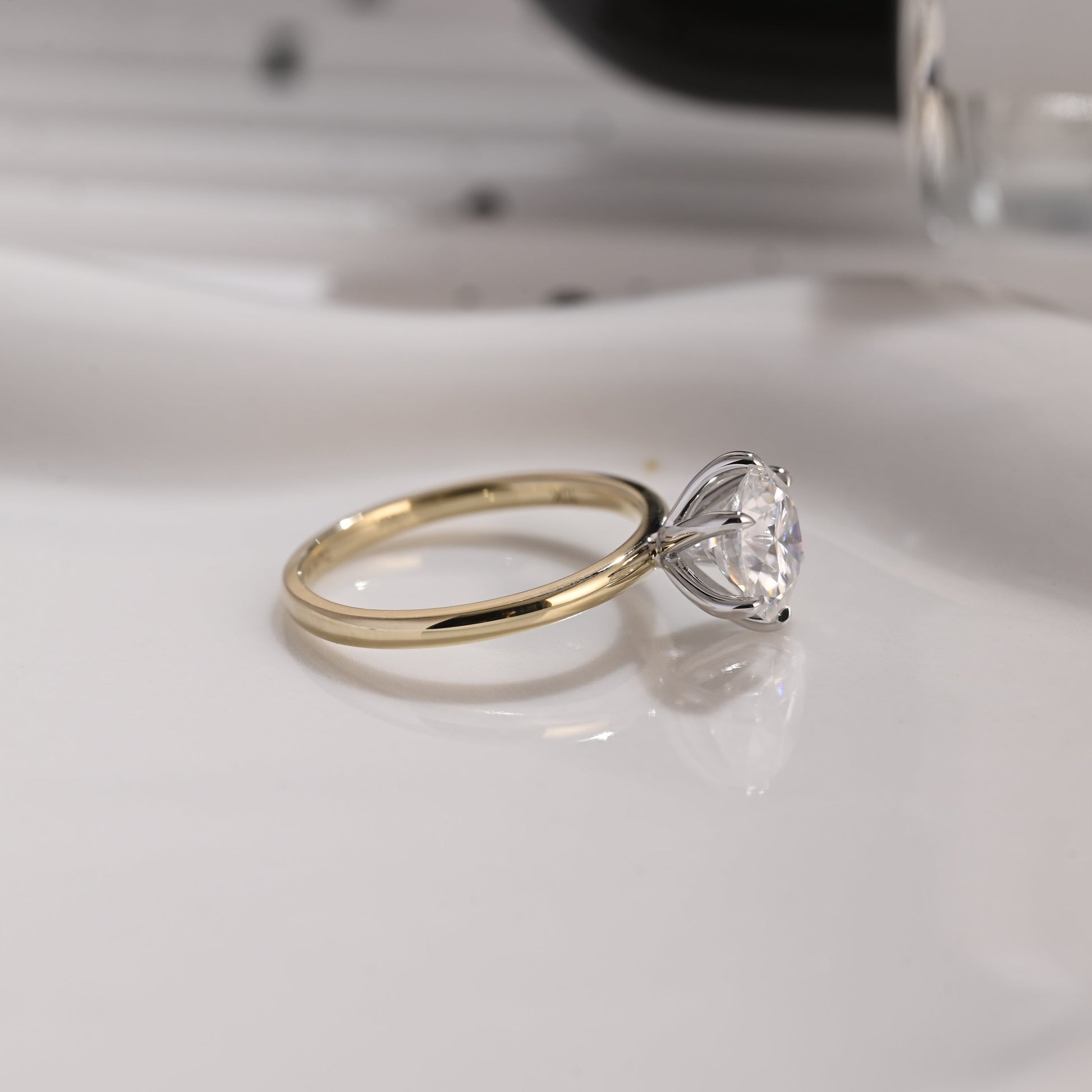 Solid Gold Two Tone Solitaire Round Cut Moissanite Engagement Ring