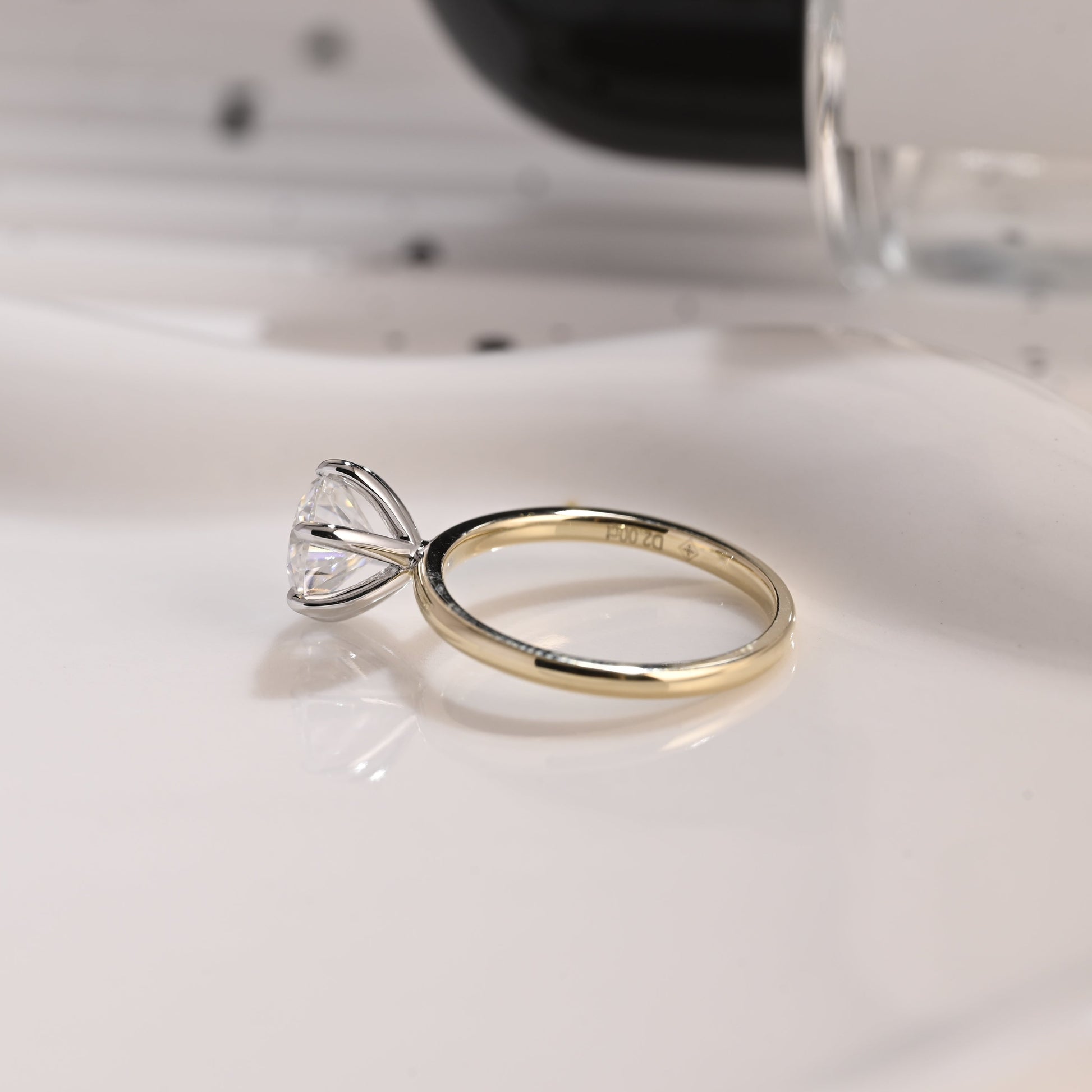 Solid Gold Two Tone Solitaire Round Cut Moissanite Engagement Ring