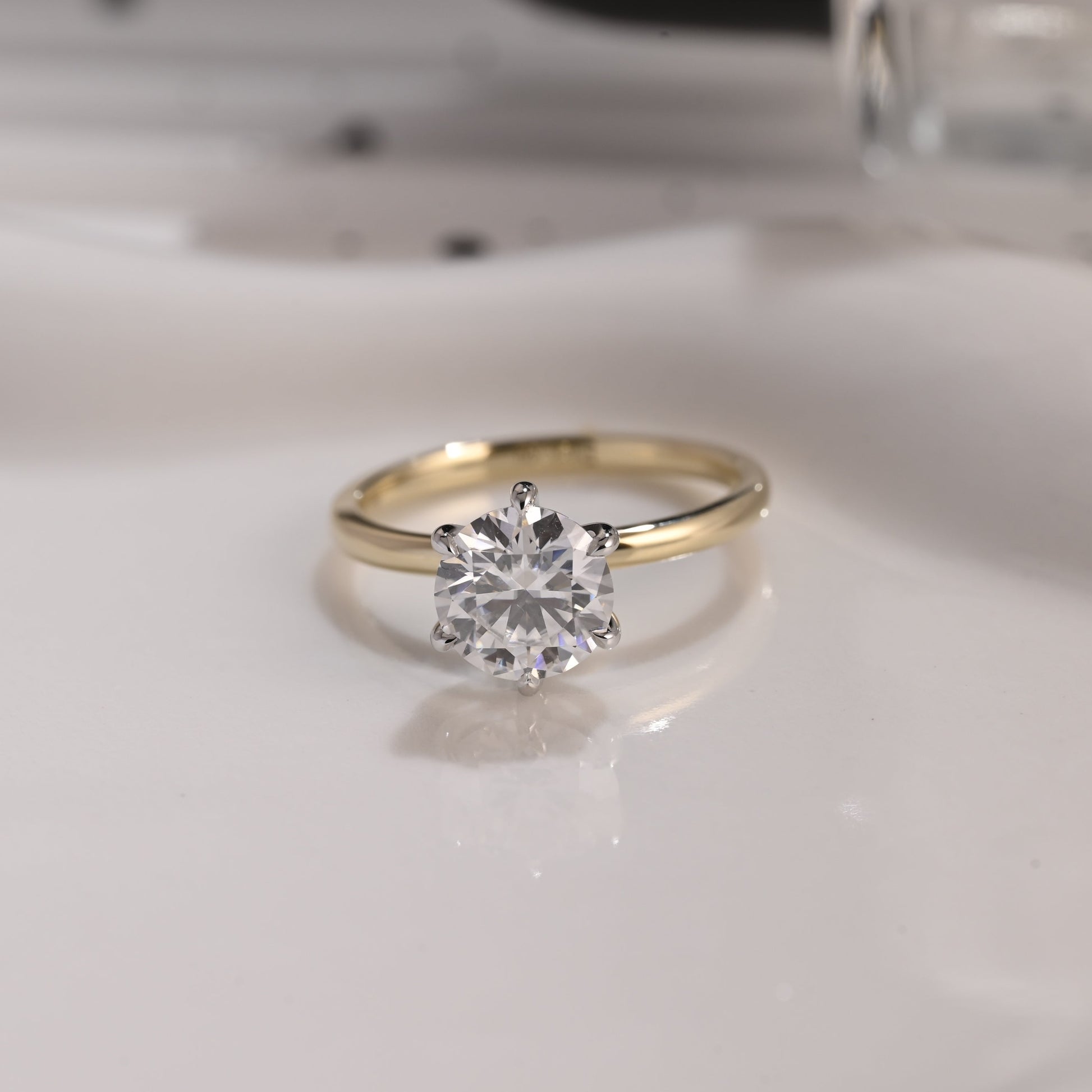Solid Gold Two Tone Solitaire Round Cut Moissanite Engagement Ring