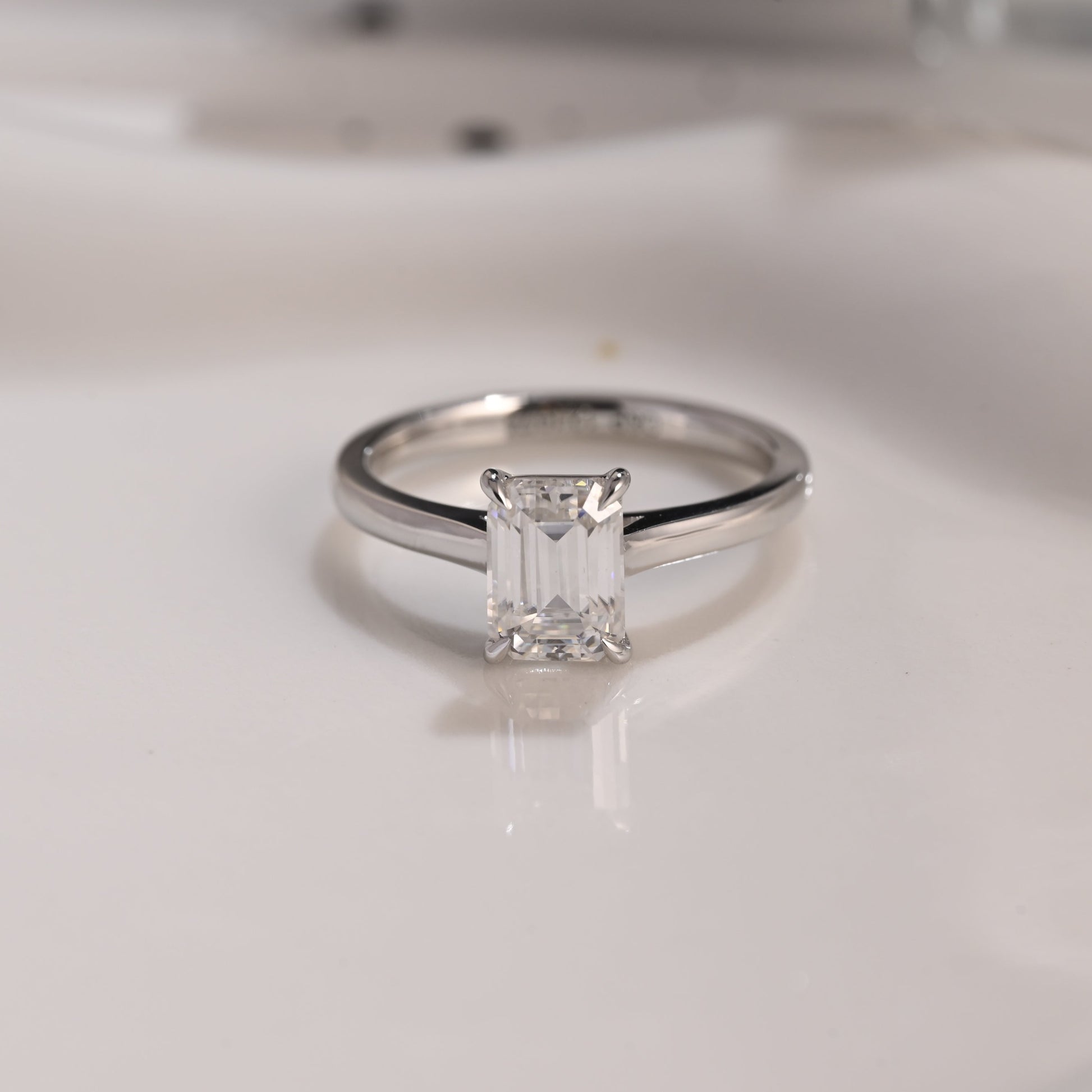 Solid Gold Solitaire Emerald Cut Moissanite Engagement Ring Cathedral Setting