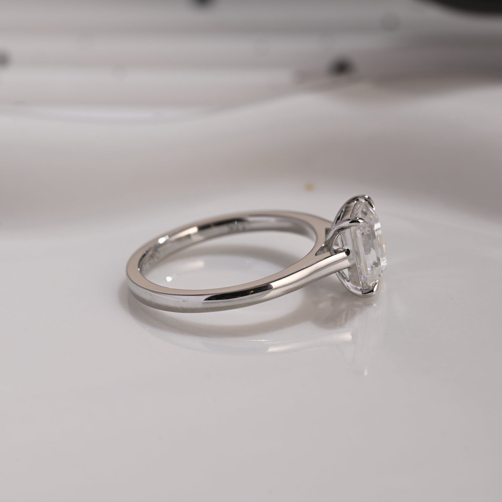 Solid Gold Solitaire Emerald Cut Moissanite Engagement Ring Cathedral Setting