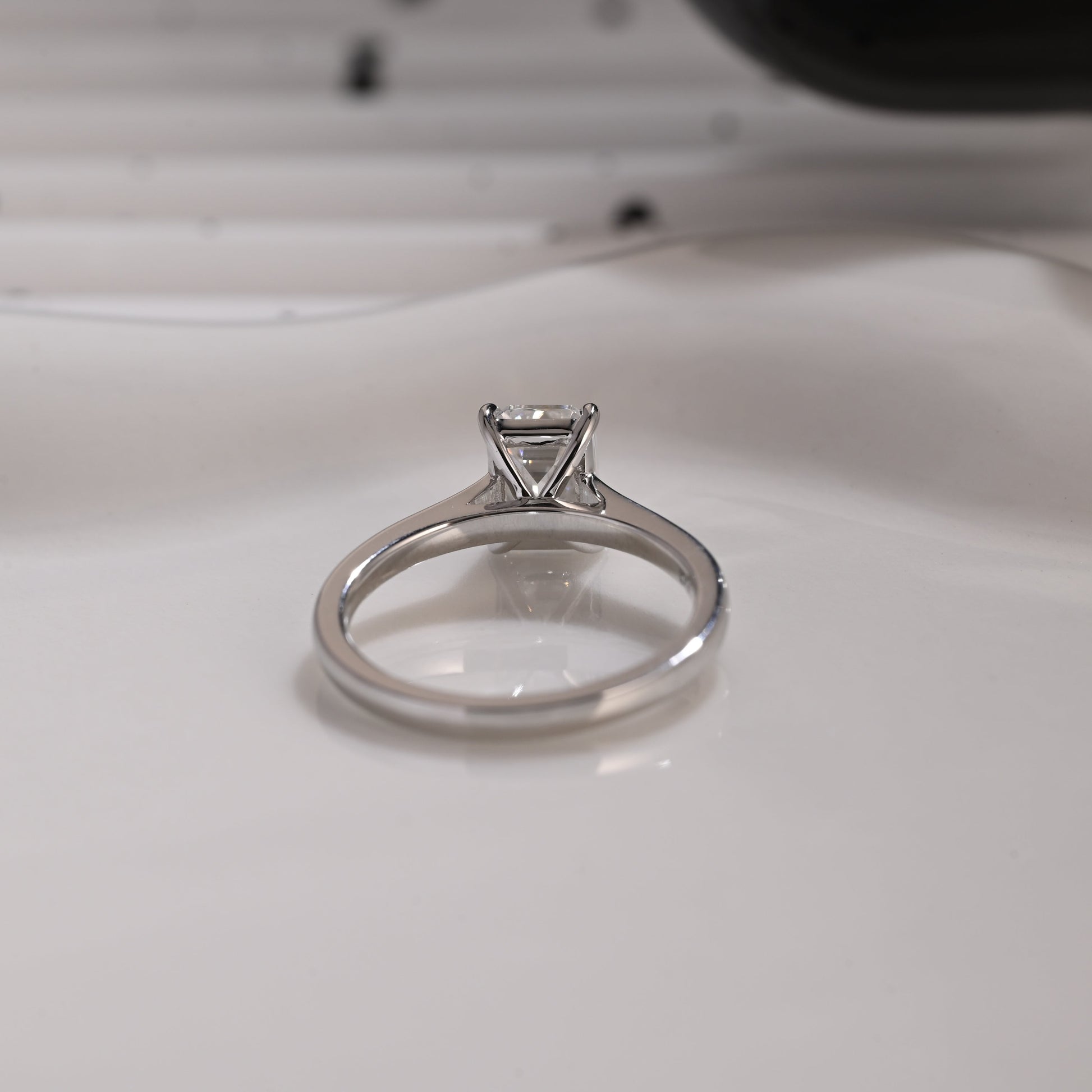 Solid Gold Solitaire Emerald Cut Moissanite Engagement Ring Cathedral Setting
