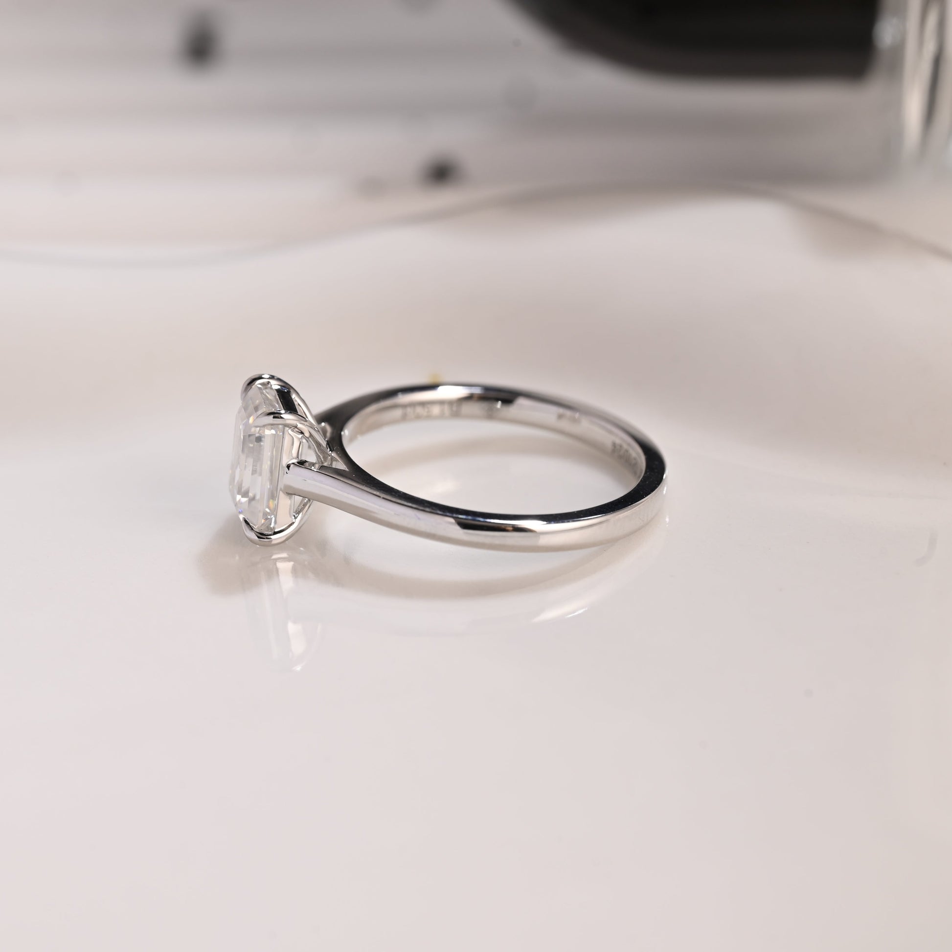 Solid Gold Solitaire Emerald Cut Moissanite Engagement Ring Cathedral Setting