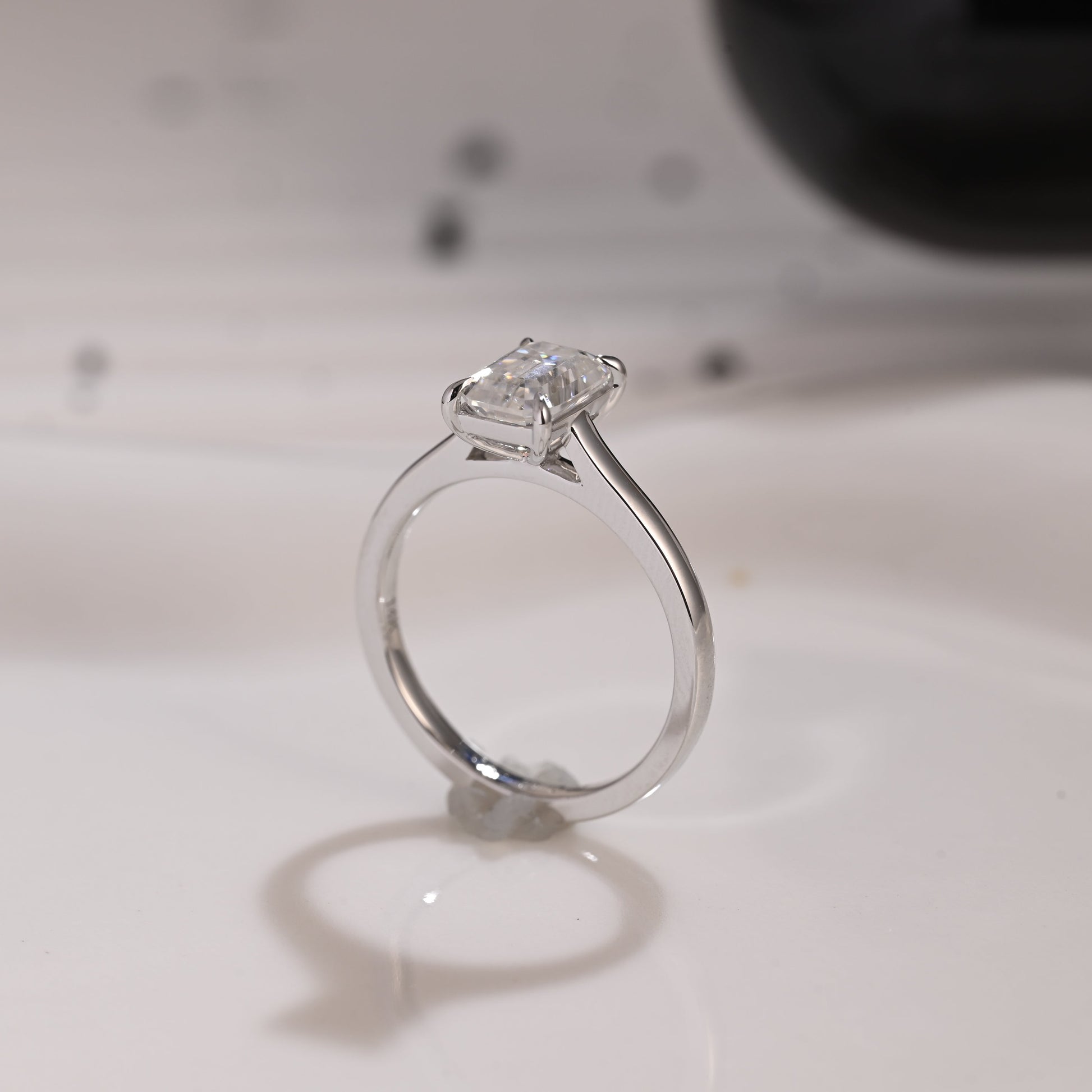 Solid Gold Solitaire Emerald Cut Moissanite Engagement Ring Cathedral Setting