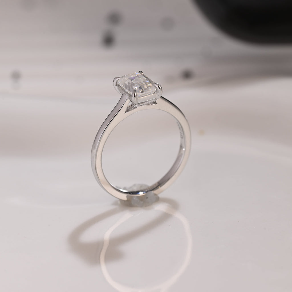Solid Gold Solitaire Emerald Cut Moissanite Engagement Ring Cathedral Setting