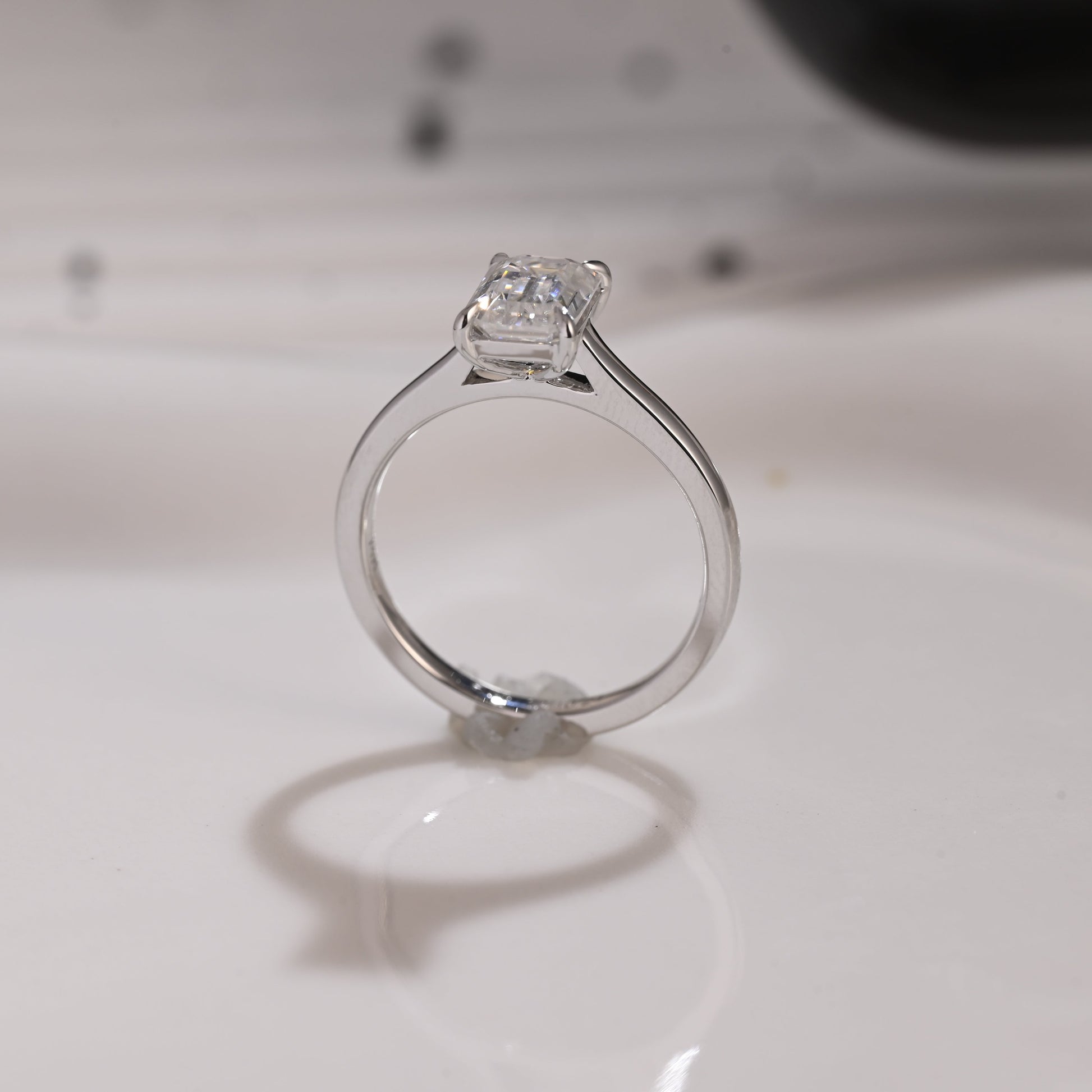 Solid Gold Solitaire Emerald Cut Moissanite Engagement Ring Cathedral Setting