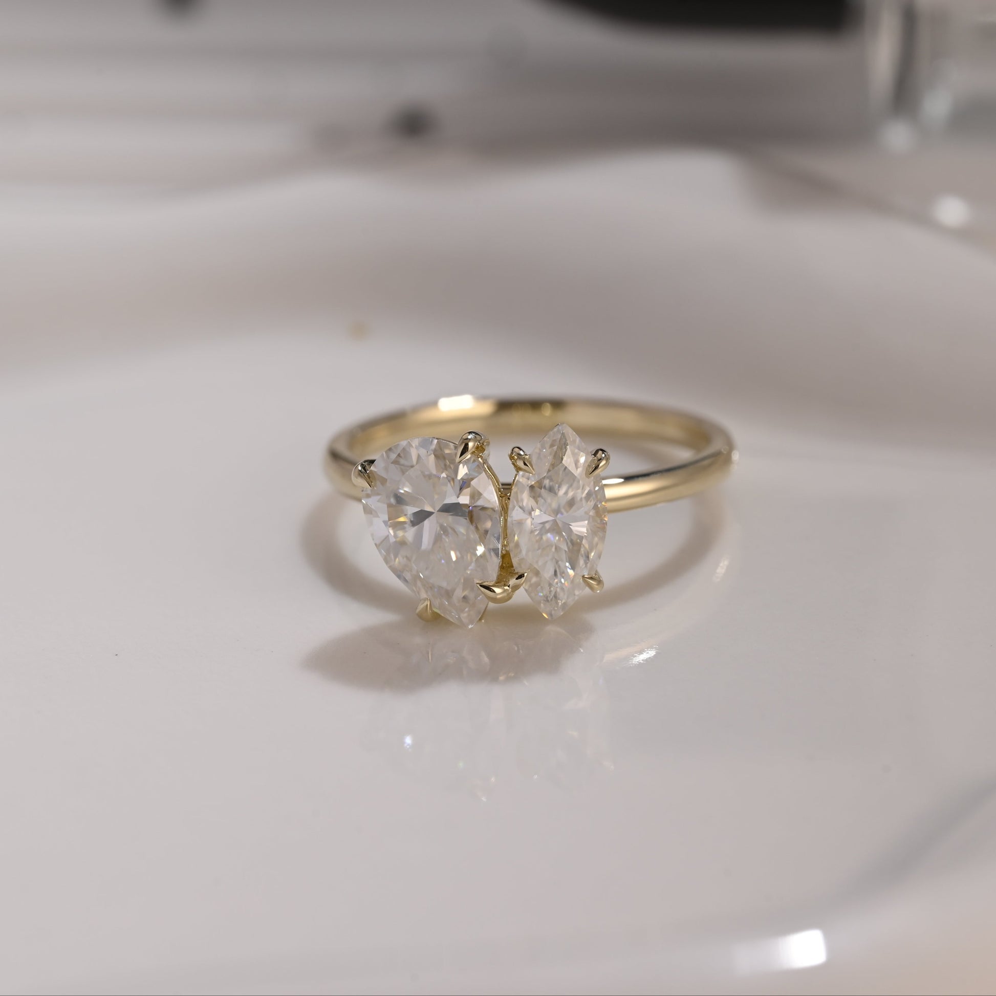 Solid Gold Toi et Moi Marquise & Pear Cut Moissanite Engagement Ring