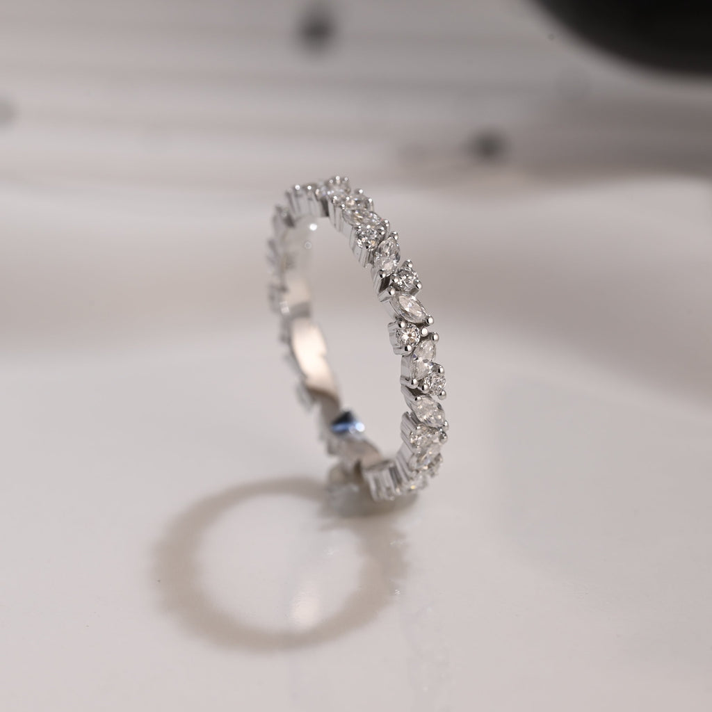 Solid Gold Full Eternity Marquise & Round Cut Moissanite Wedding Band