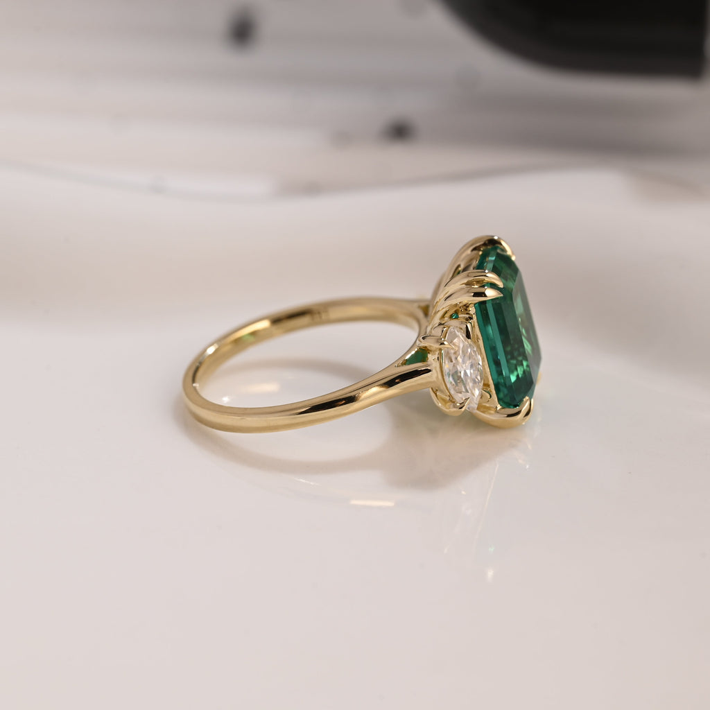 Solid Gold Three Stone Lab Grown Emerald Engagement Ring