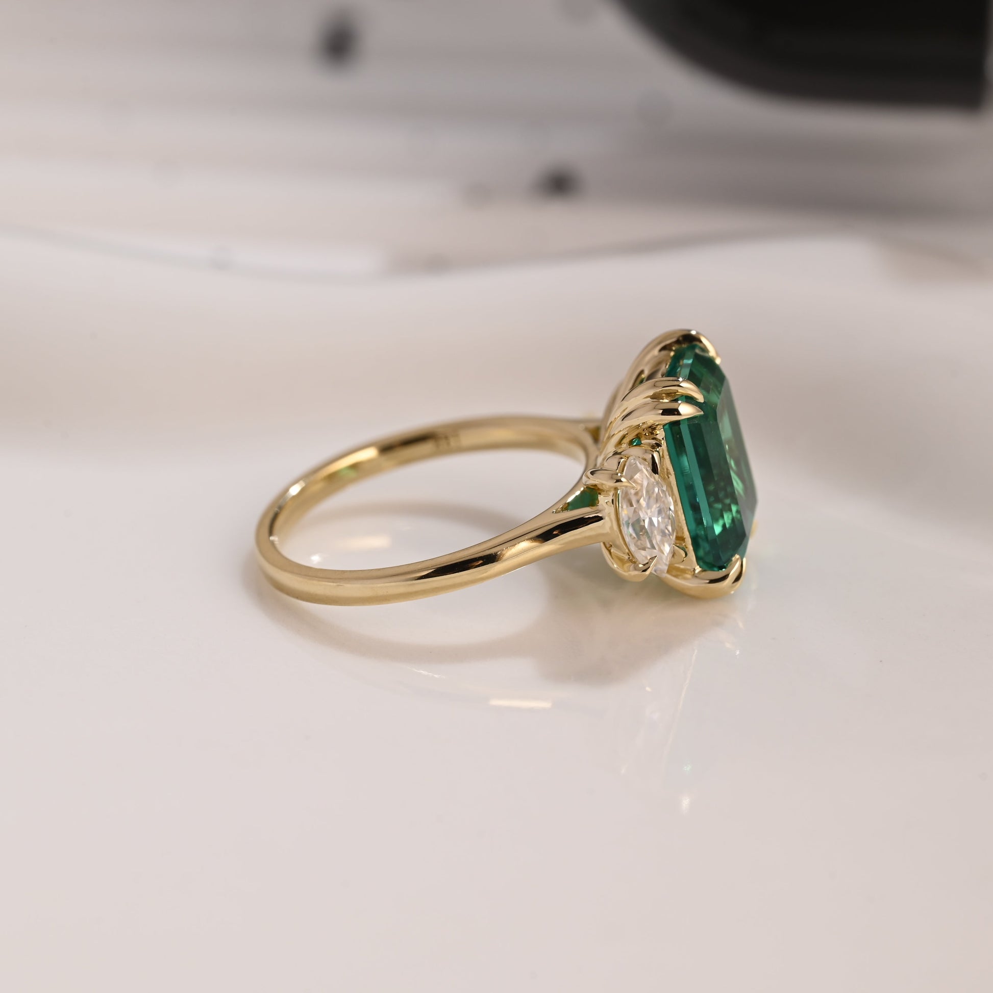 Solid Gold Three Stone Lab Grown Emerald Engagement Ring
