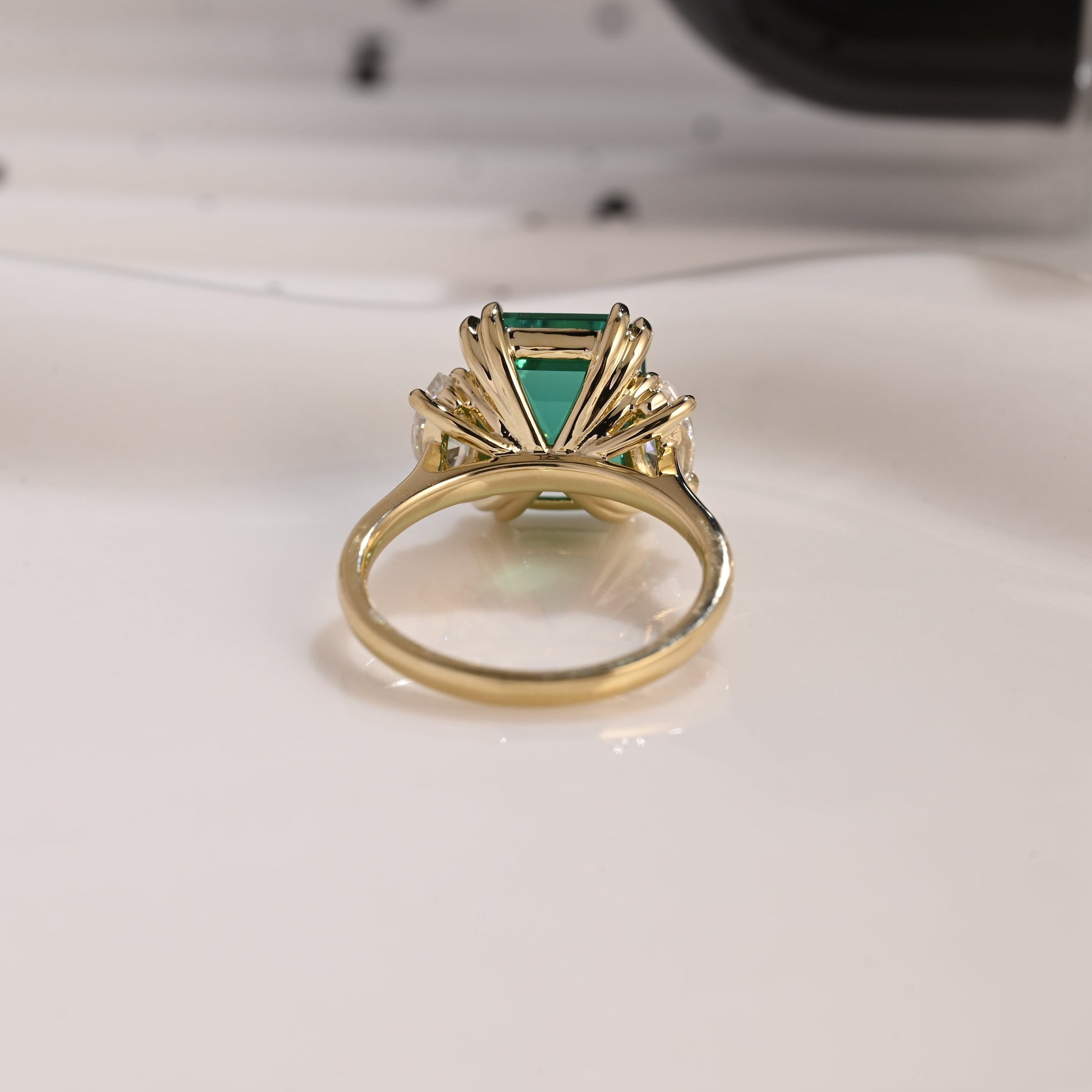 Solid Gold Three Stone Lab Grown Emerald Engagement Ring